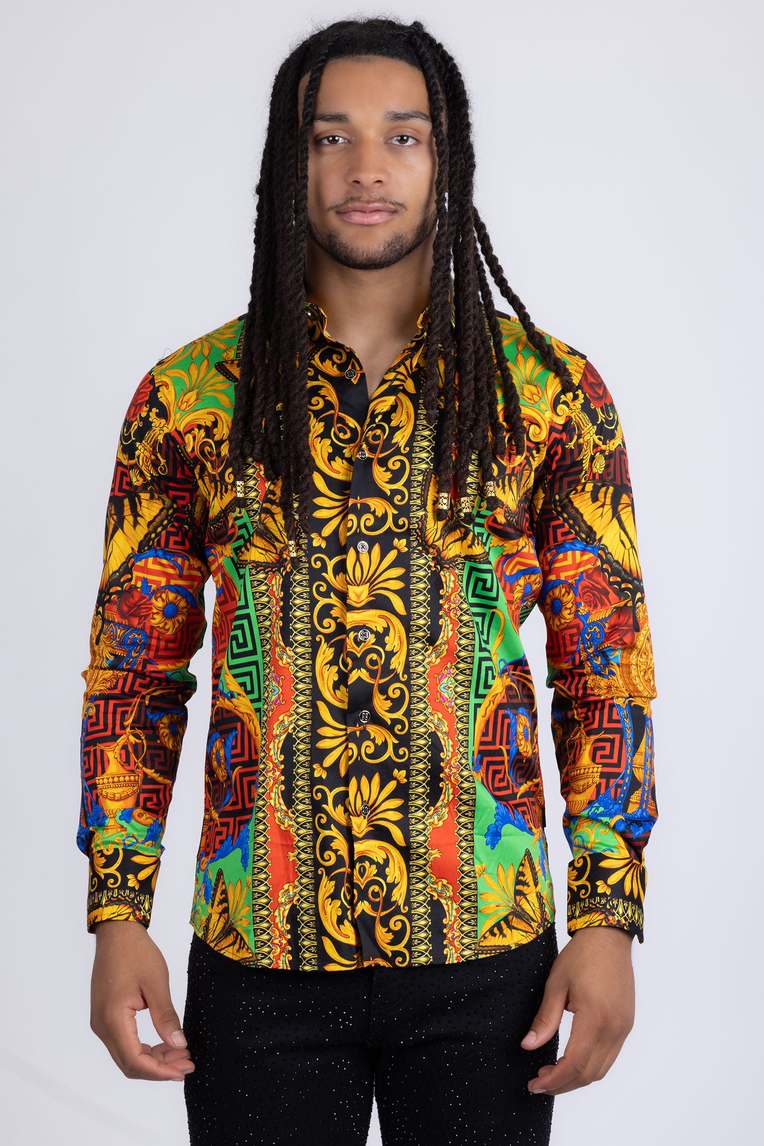 Barabas Men's Medusa Floral Baroque Butterfly Greek Shirt 2SP223 Multi