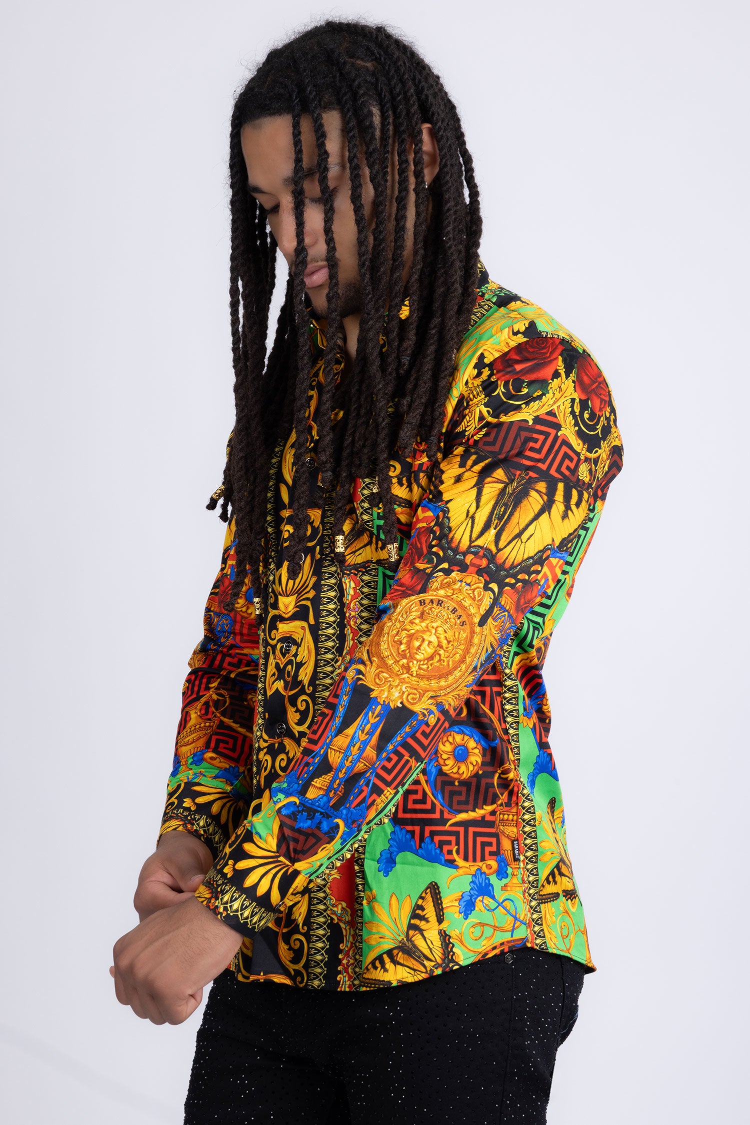 Barabas Men's Medusa Floral Baroque Butterfly Greek Shirt 2SP223 Yellow