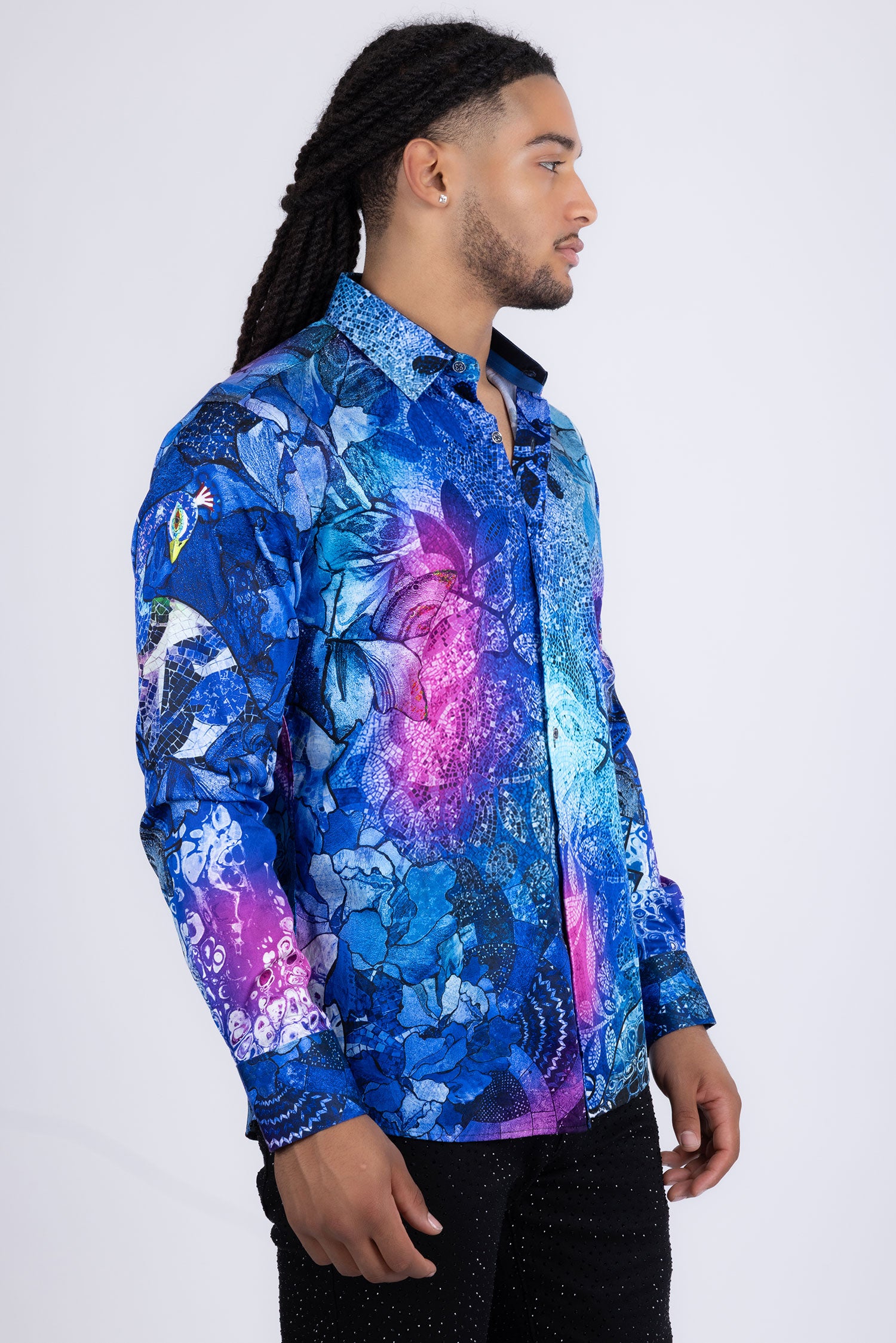Barabas men's Peacock Abstract printed long sleeve shirts 2SP31 Blue