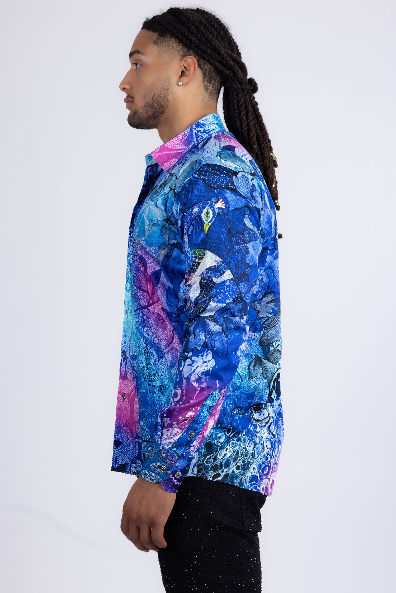 Barabas men's Peacock Abstract printed long sleeve shirts 2SP31 Blue