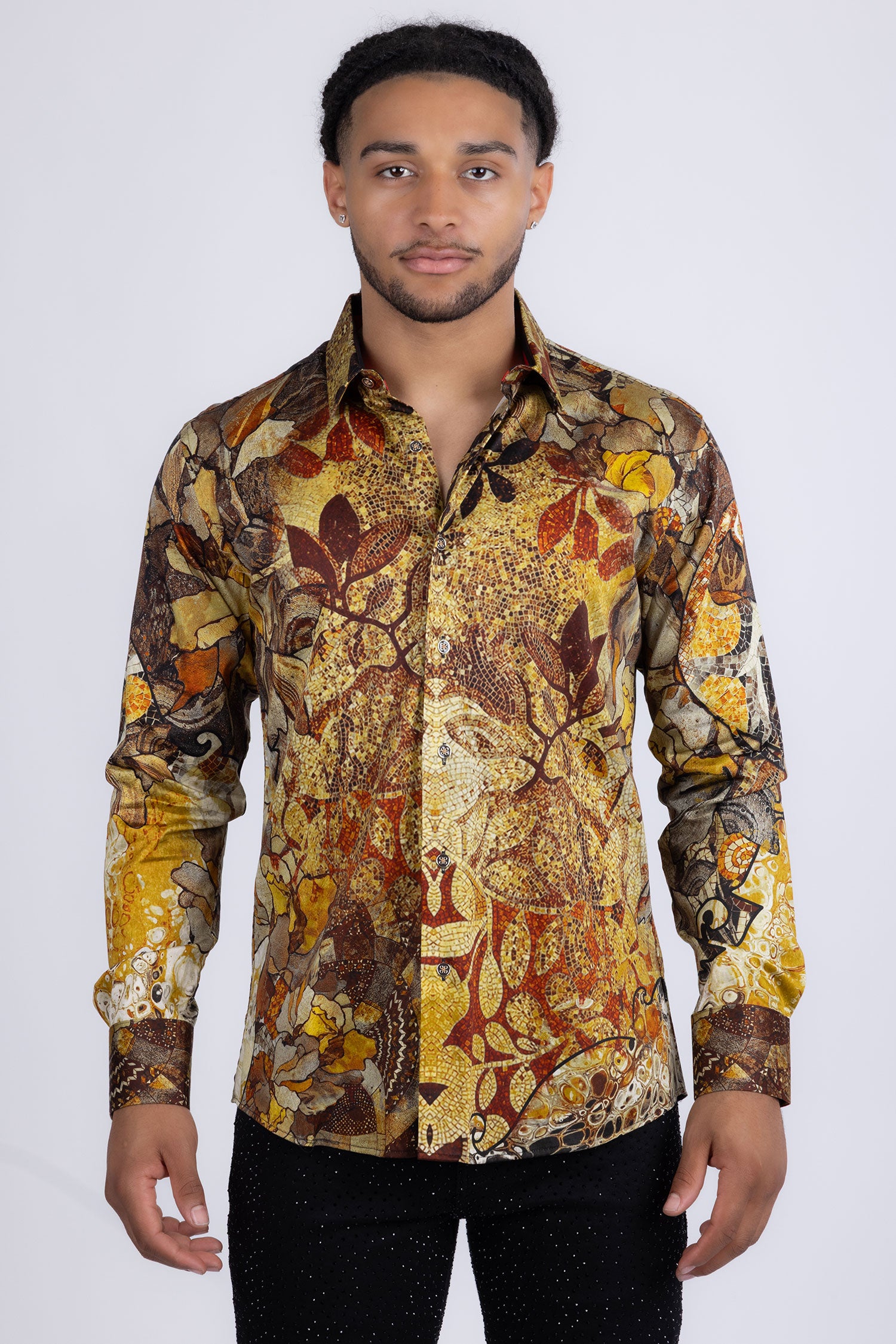 Barabas men's Peacock Abstract printed long sleeve shirts 2SP31 Caramel