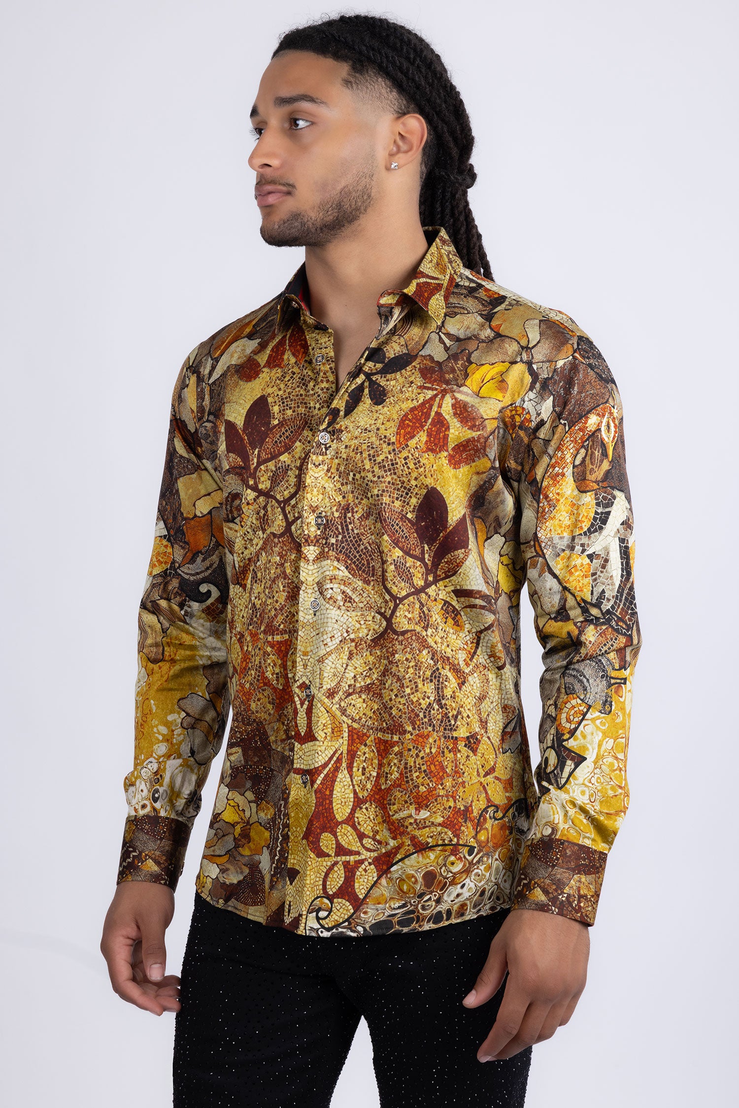 Barabas men's Peacock Abstract printed long sleeve shirts 2SP31 Brown