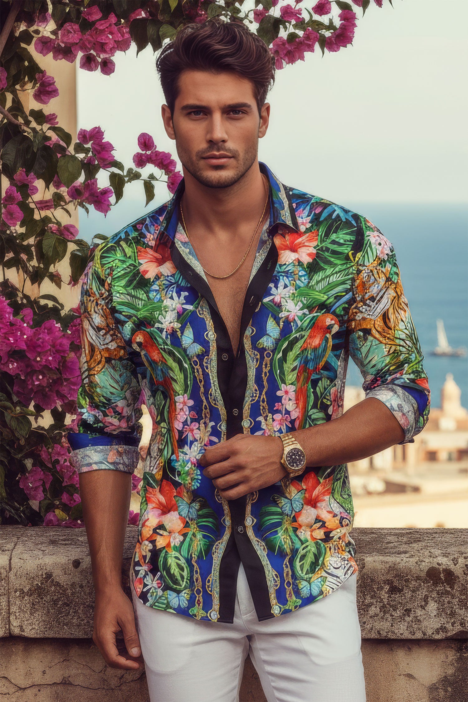 Barabas Men's Tiger Parrot Floral Button Down Dress Shirts 2SP37
