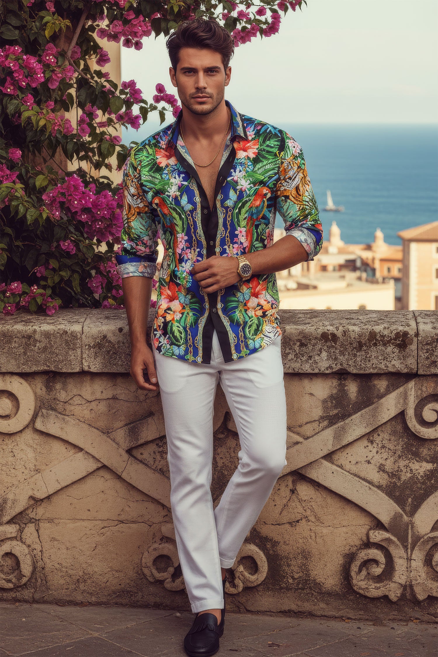 Barabas Men's Tiger Parrot Floral Button Down Dress Shirts 2SP37
