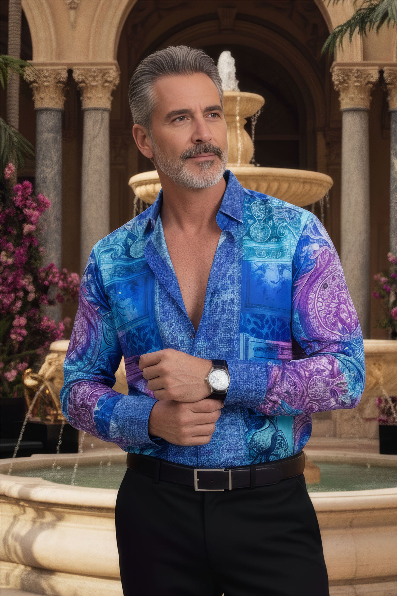 BARABAS Men's Rhinestone Medusa Floral Angeles Baroque Shirt 2SPR220 Blue
