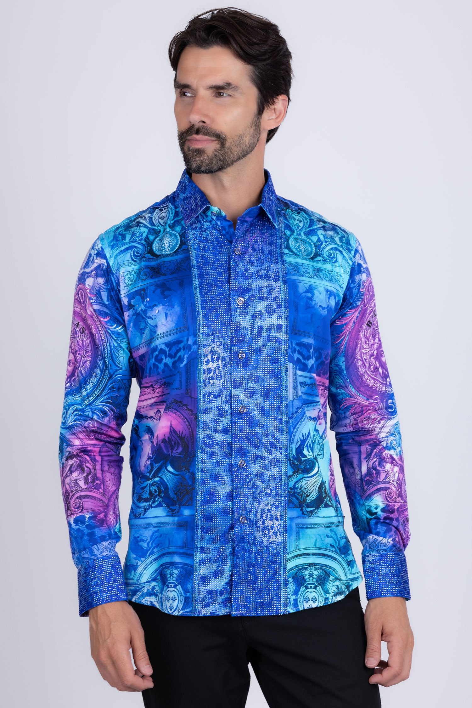 BARABAS Men's Rhinestone Medusa Floral Angeles Baroque Shirt 2SPR220 Blue