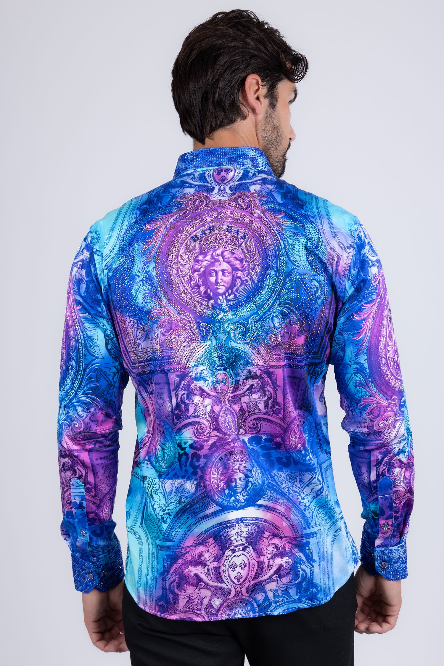 BARABAS Men's Rhinestone Medusa Floral Angeles Baroque Shirt 2SPR220 Blue