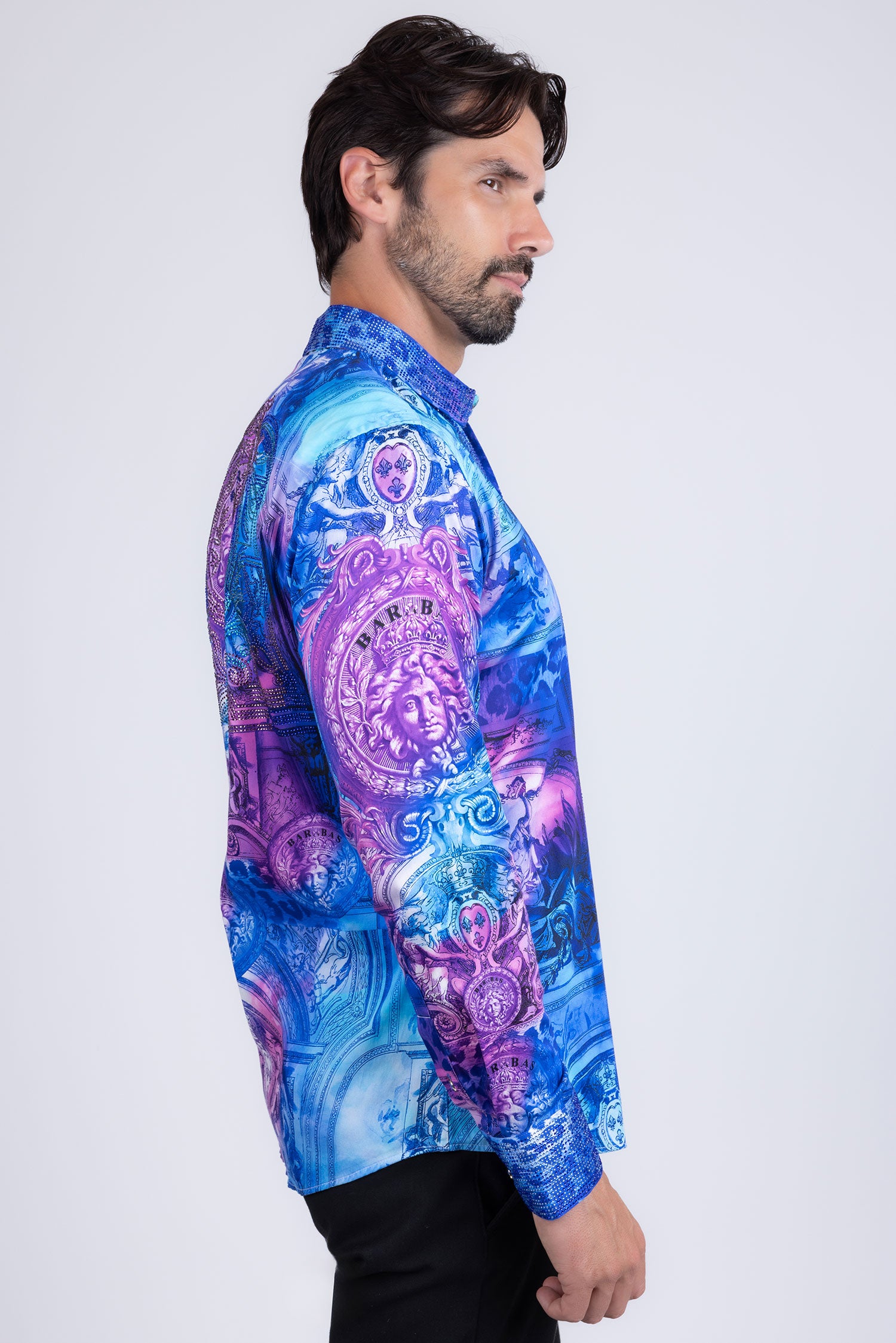 BARABAS Men's Rhinestone Medusa Floral Angeles Baroque Shirt 2SPR220 Blue