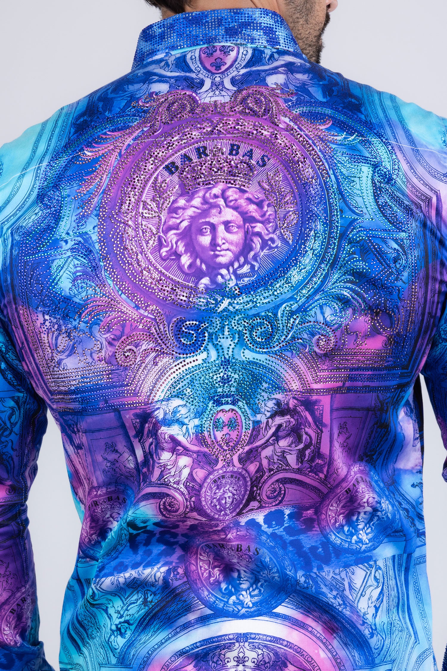 BARABAS Men's Rhinestone Medusa Floral Angeles Baroque Shirt 2SPR220 Blue