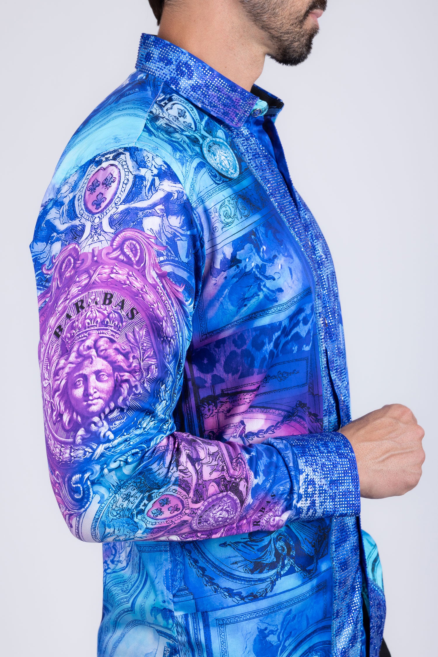 BARABAS Men's Rhinestone Medusa Floral Angeles Baroque Shirt 2SPR220 Blue