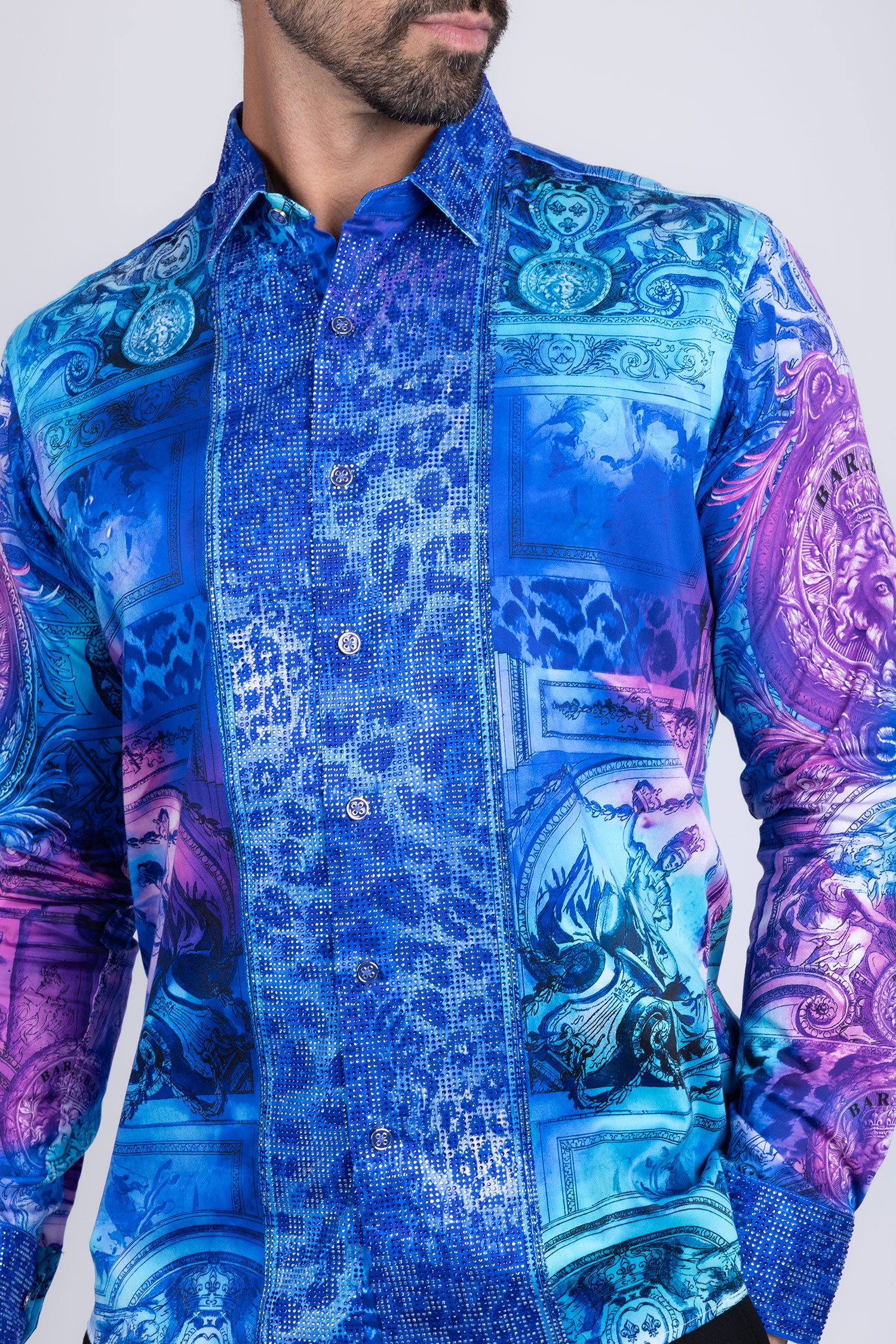 BARABAS Men's Rhinestone Medusa Floral Angeles Baroque Shirt 2SPR220 Blue