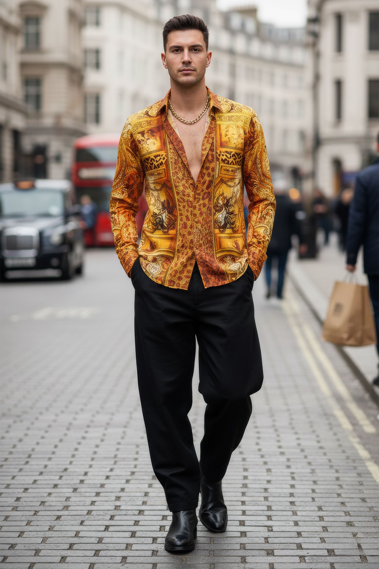 BARABAS Men's Rhinestone Medusa Floral Angeles Baroque Shirt 2SPR220 Rust
