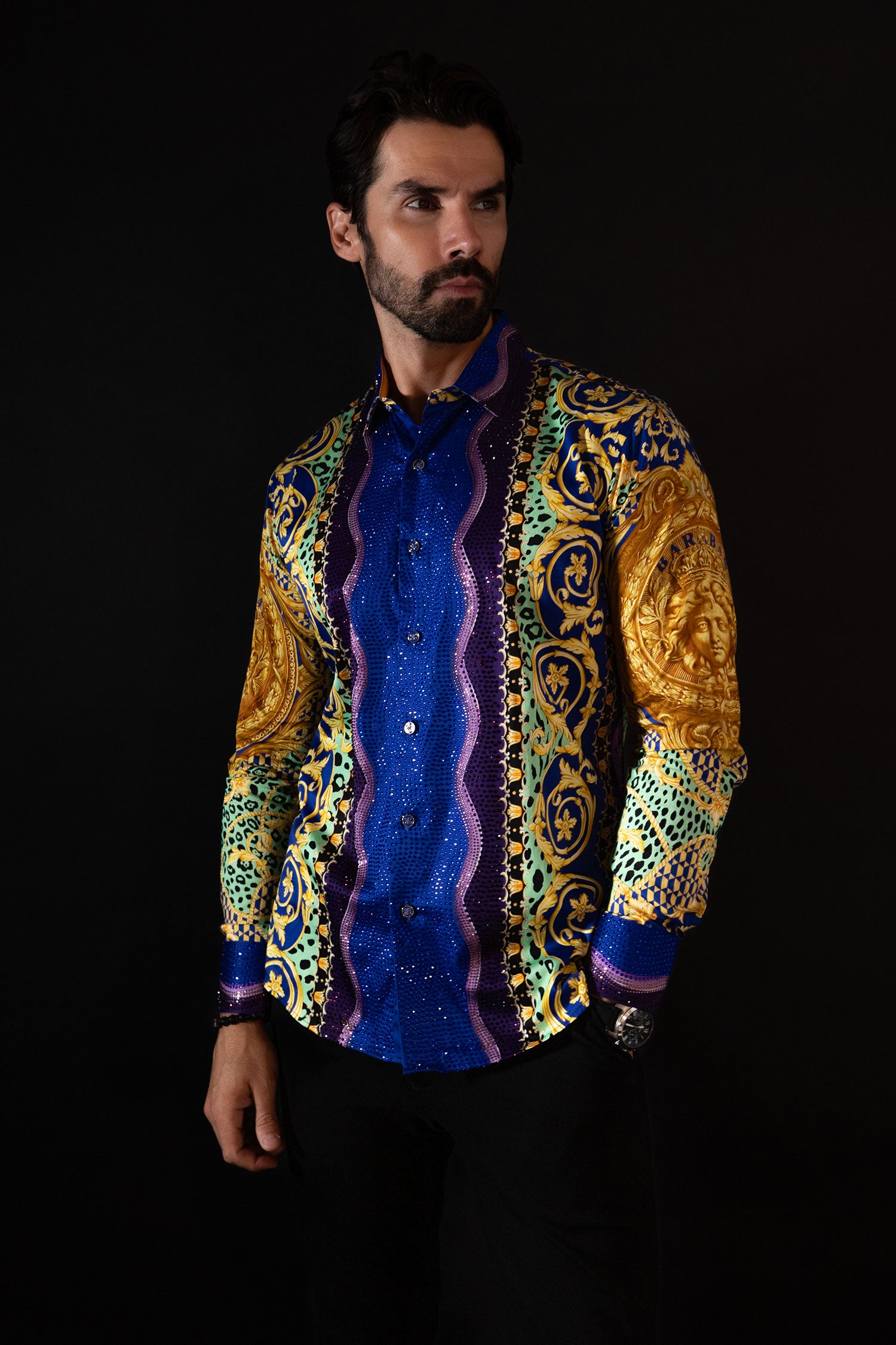 BARABAS Men's Rhinestone Medusa Floral Baroque leopard Shirt 2SPR221 Multi Color