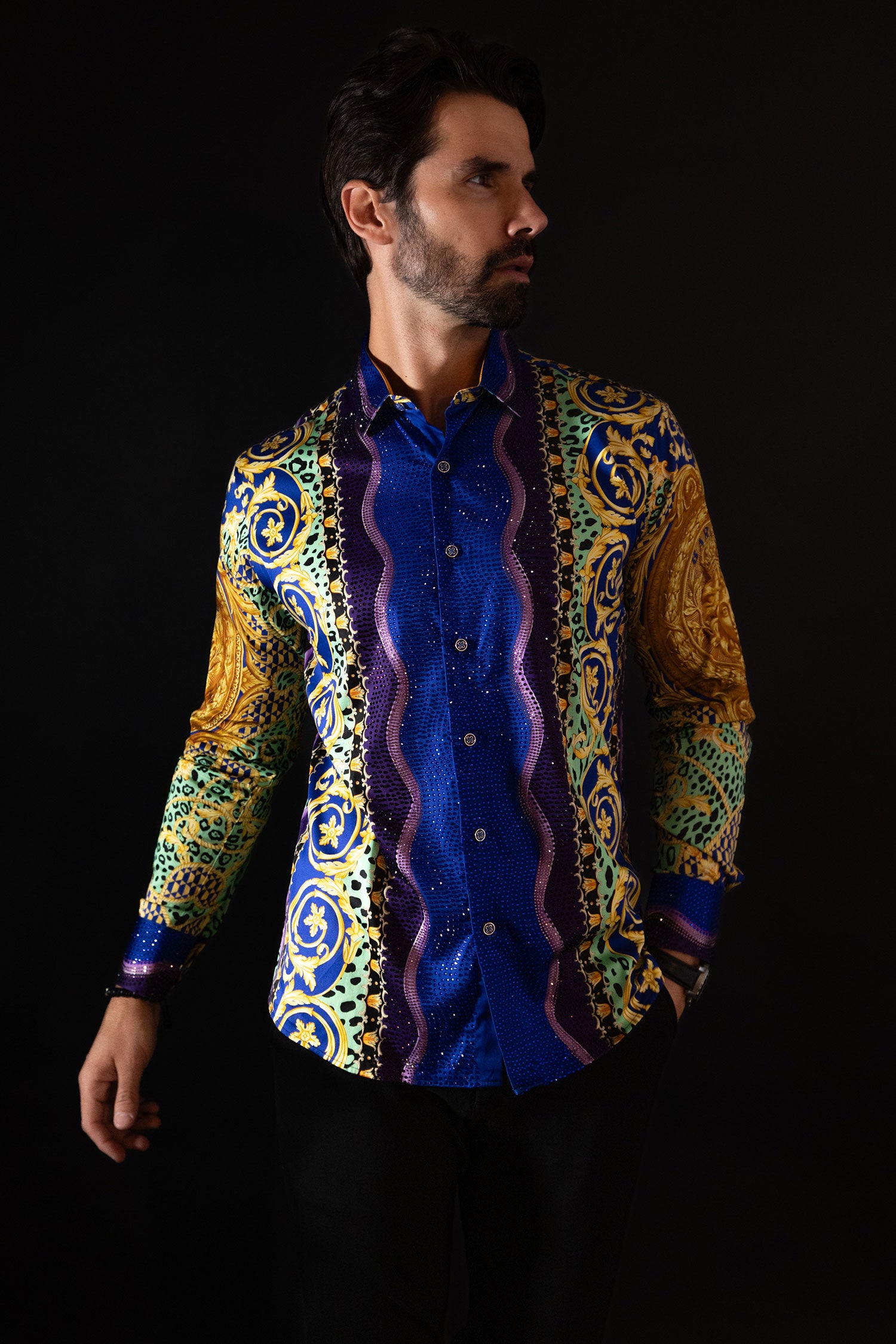 BARABAS Men's Rhinestone Medusa Floral Baroque leopard Shirt 2SPR221 Multi Color