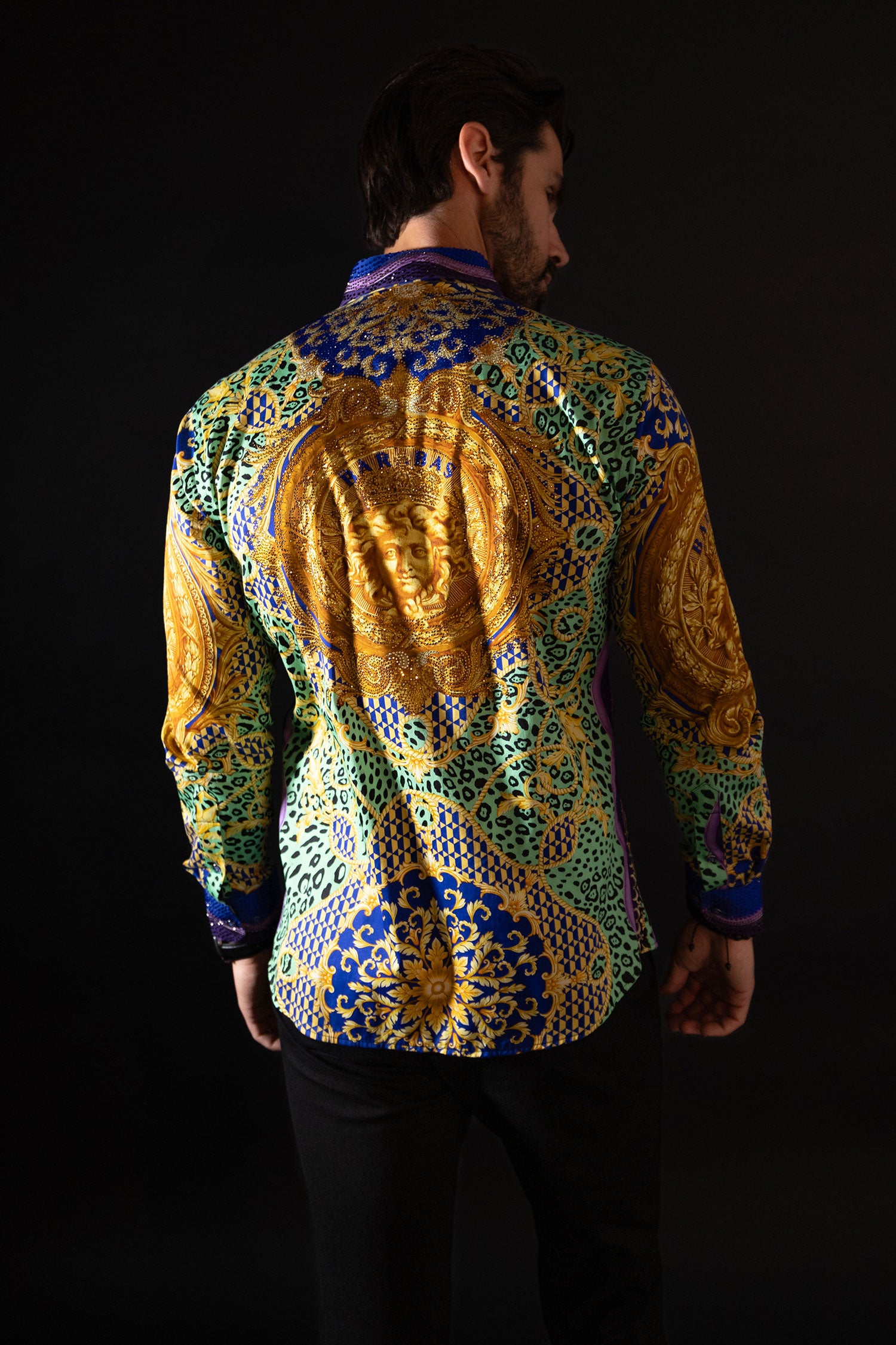 BARABAS Men's Rhinestone Medusa Floral Baroque leopard Shirt 2SPR221 Multi Color