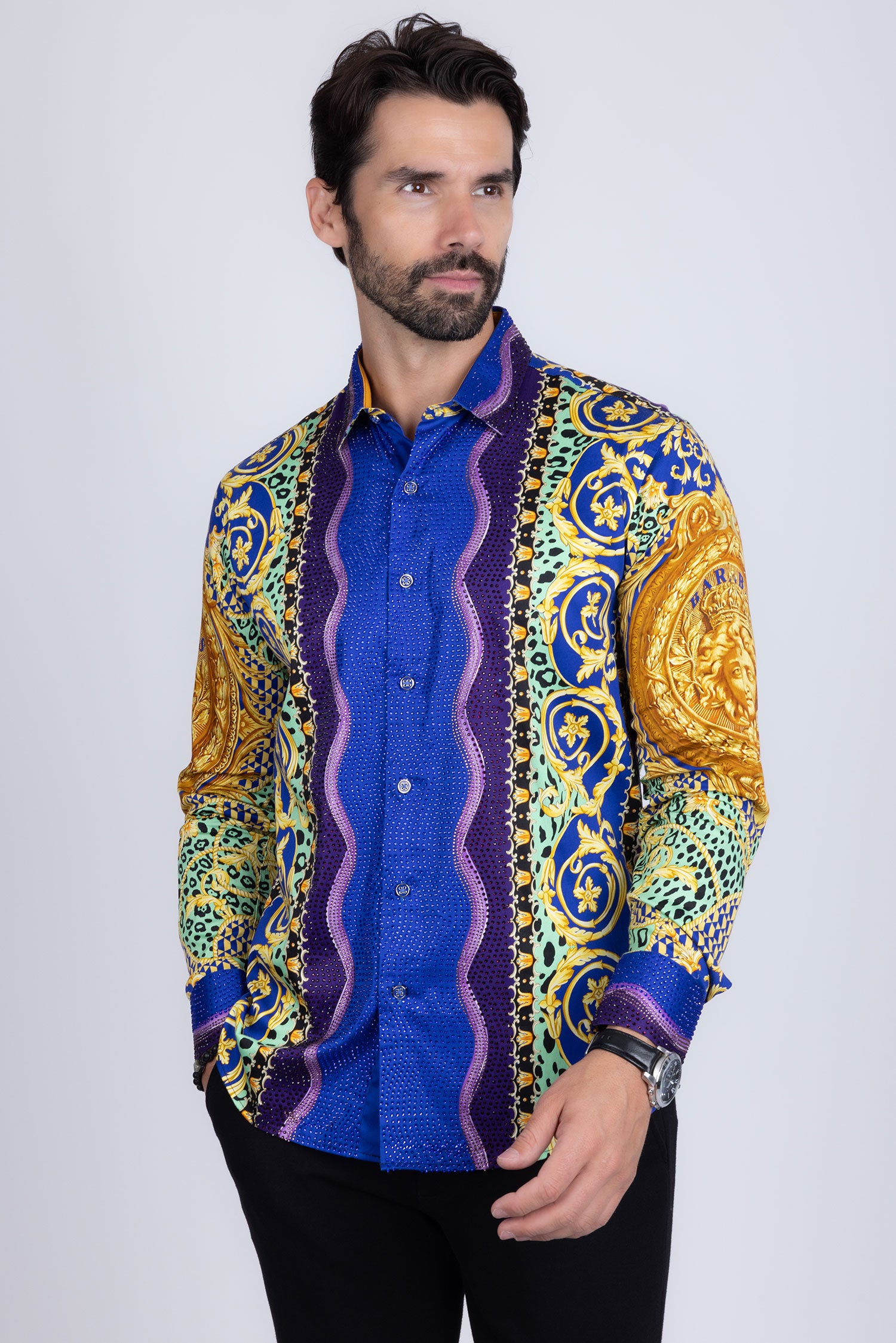 BARABAS Men's Rhinestone Medusa Floral Baroque leopard Shirt 2SPR221 Multi Color