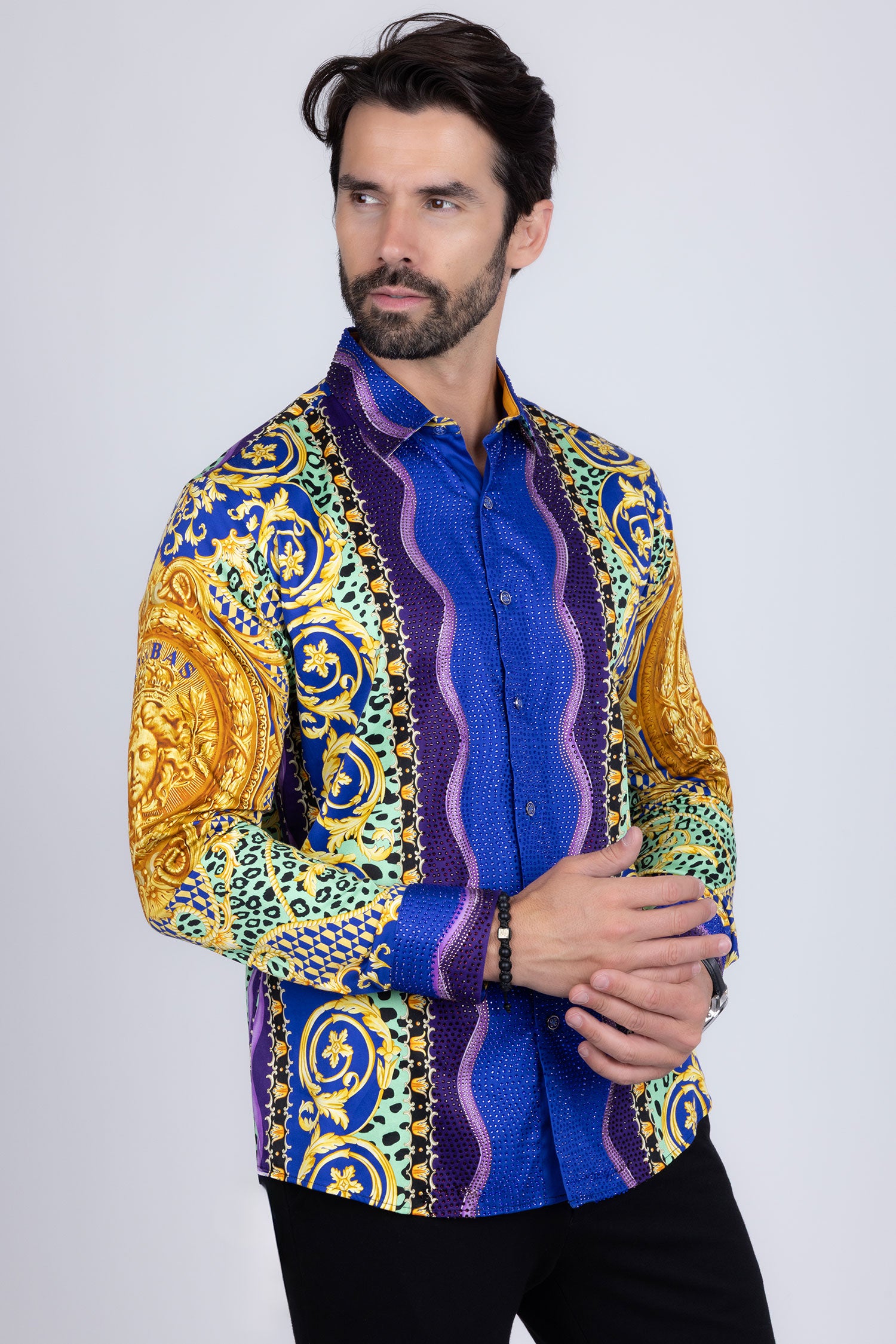 BARABAS Men's Rhinestone Medusa Floral Baroque leopard Shirt 2SPR221 Multi Color