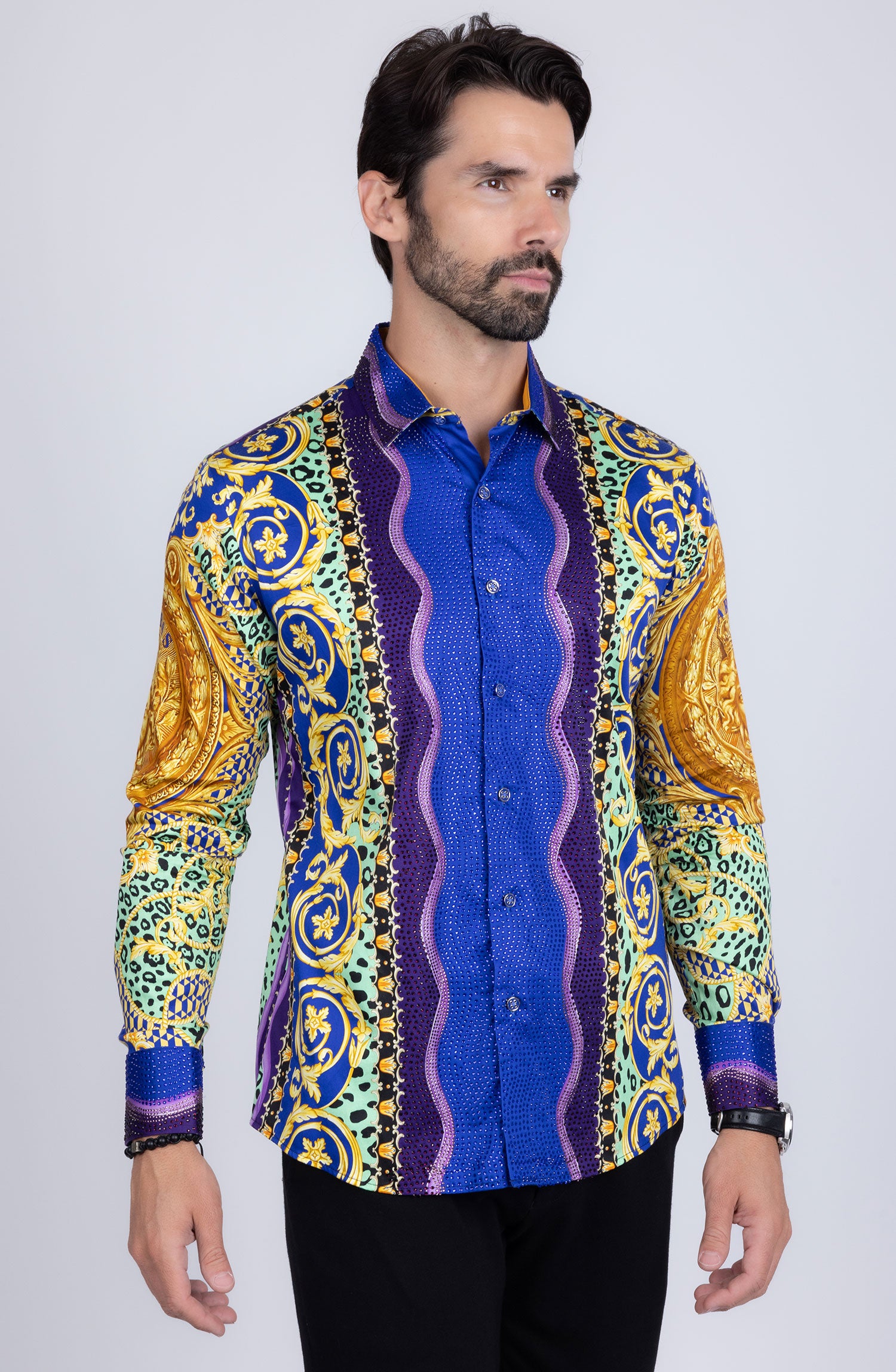BARABAS Men's Rhinestone Medusa Floral Baroque leopard Shirt 2SPR221 Multi Color