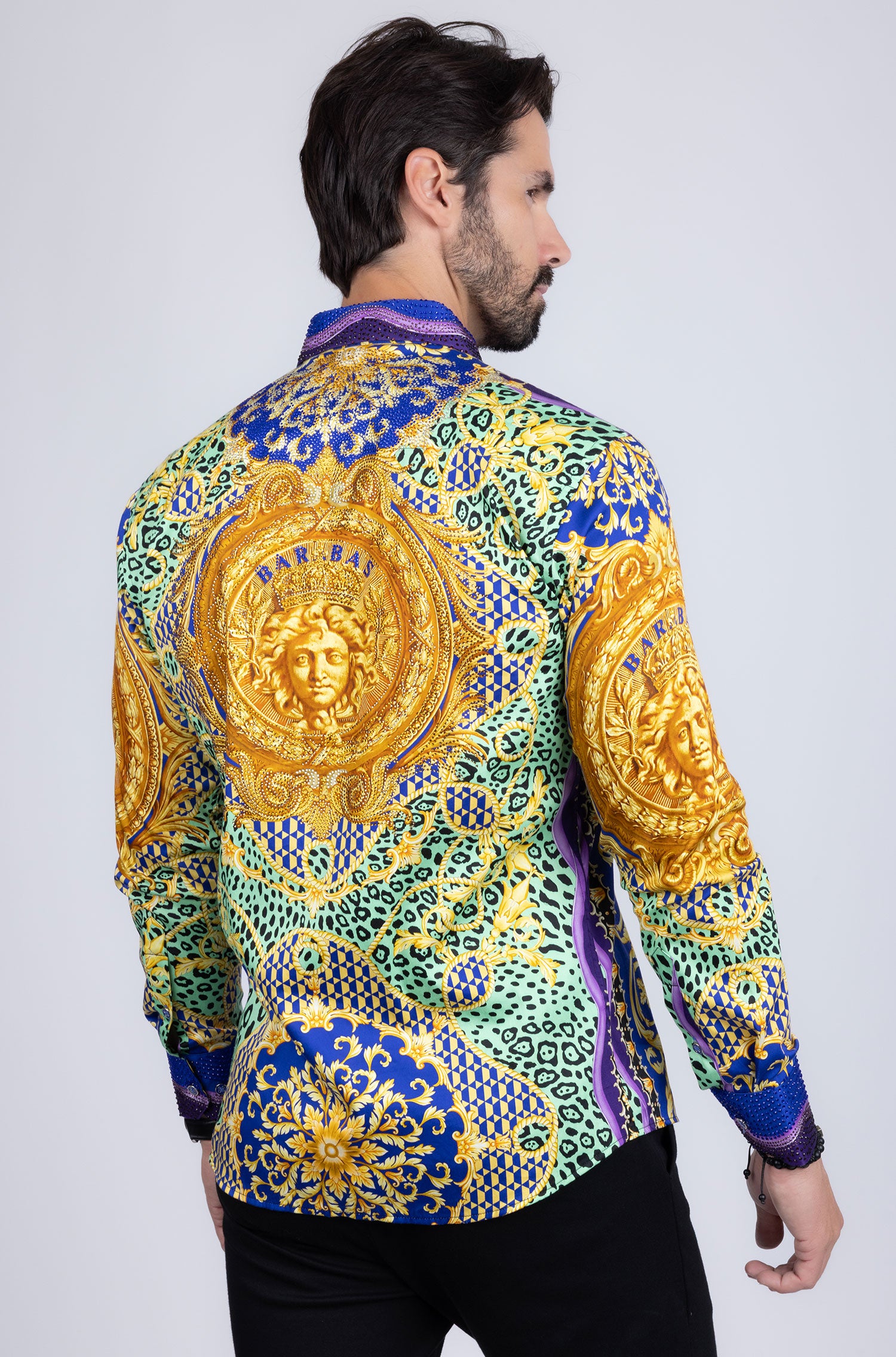 BARABAS Men's Rhinestone Medusa Floral Baroque leopard Shirt 2SPR221 Multi Color