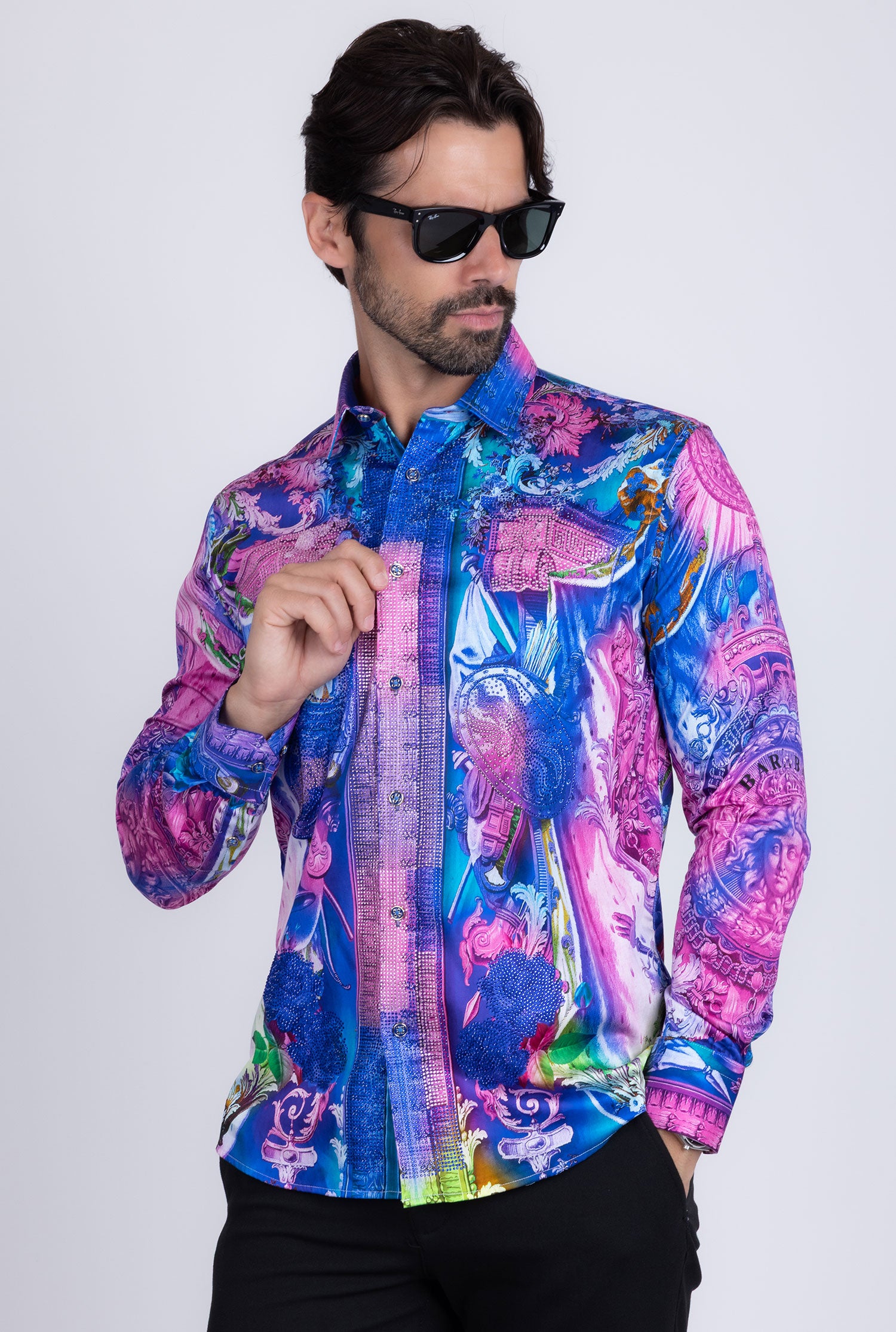 BARABAS Men's Rhinestone Medusa Floral Printed Baroque Shirt 2SPR222