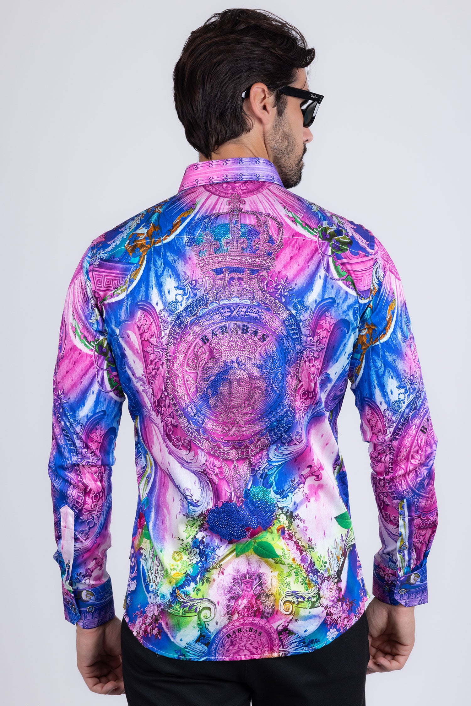 BARABAS Men's Rhinestone Medusa Floral Printed Baroque Shirt 2SPR222