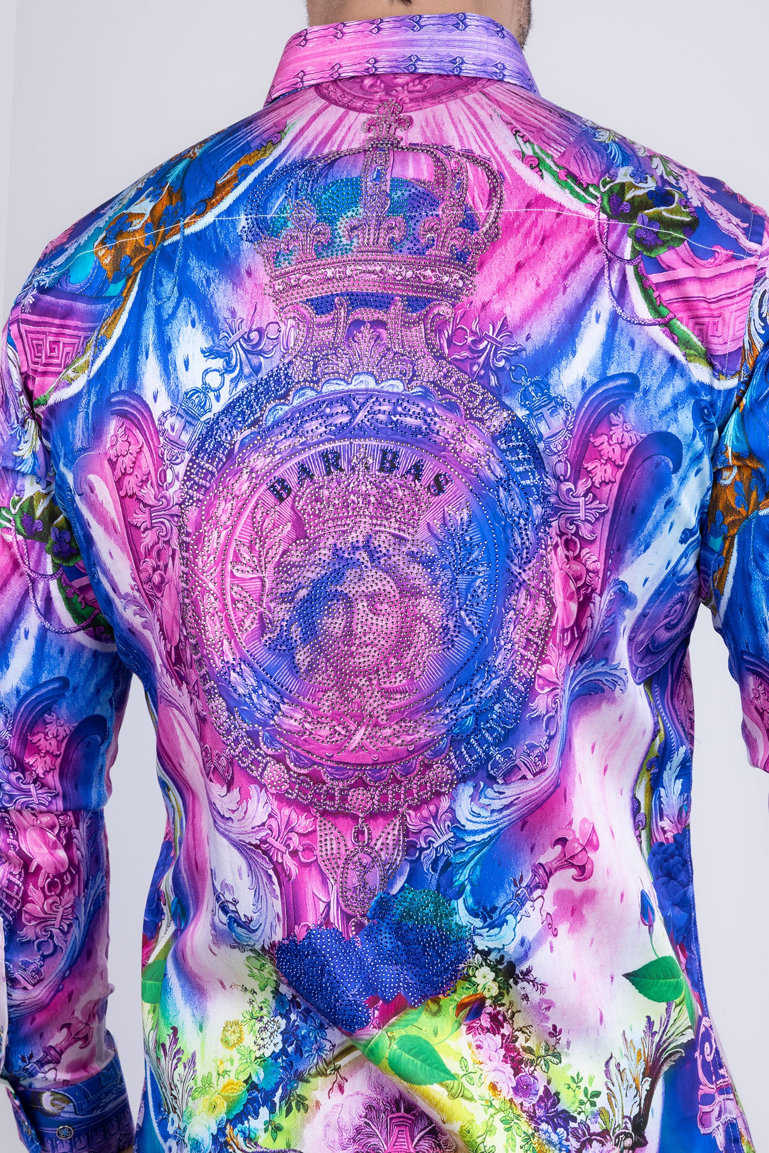 BARABAS Men's Rhinestone Medusa Floral Printed Baroque Shirt 2SPR222