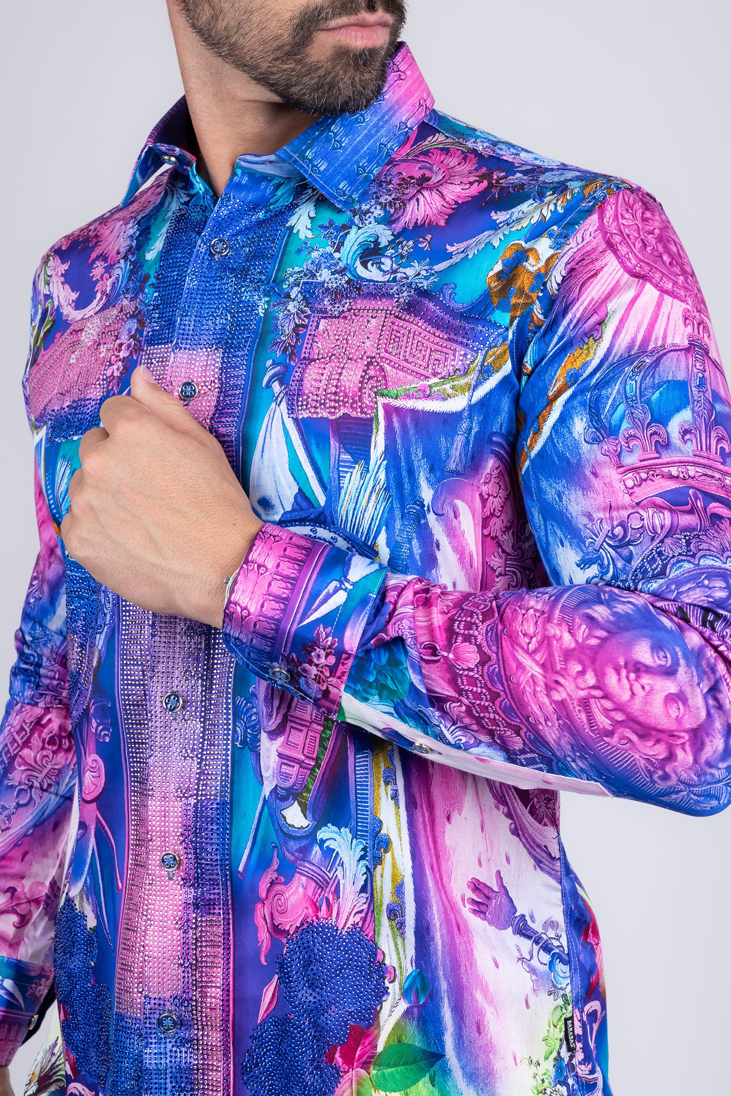 BARABAS Men's Rhinestone Medusa Floral Printed Baroque Shirt 2SPR222