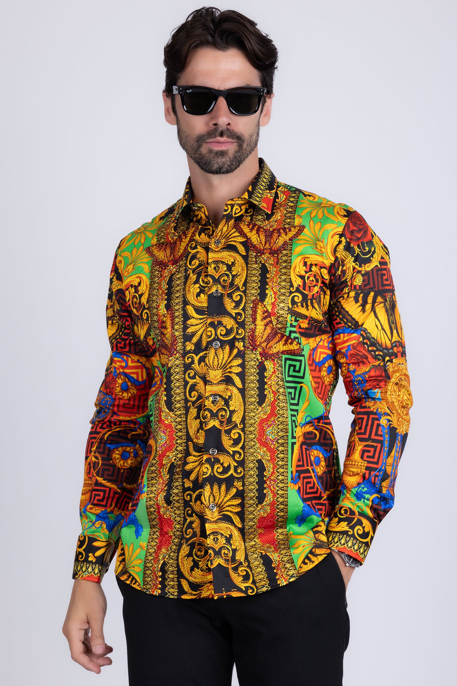 BARABAS Men's Rhinestone Medusa Floral Baroque Butterfly Shirt 2SPR223 Multi