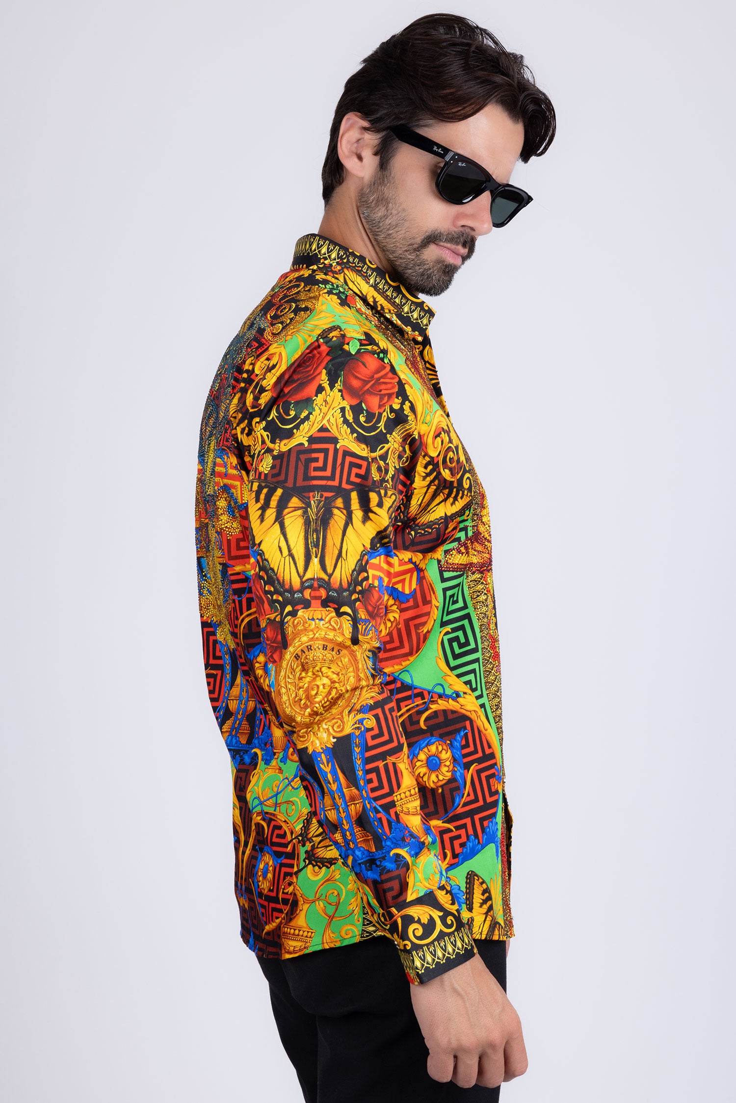 BARABAS Men's Rhinestone Medusa Floral Baroque Butterfly Shirt 2SPR223 Multi