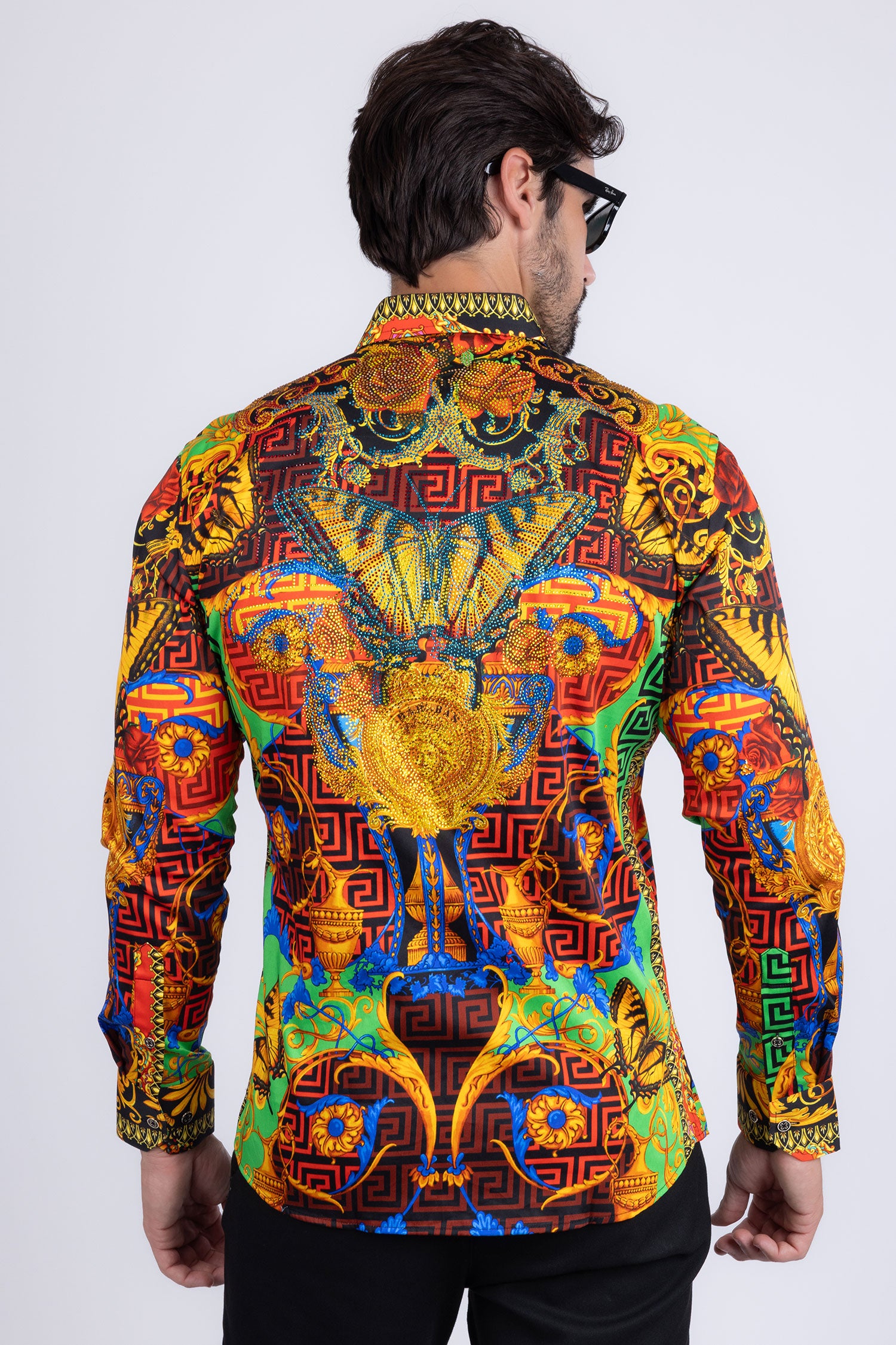 BARABAS Men's Rhinestone Medusa Floral Baroque Butterfly Shirt 2SPR223 Multi