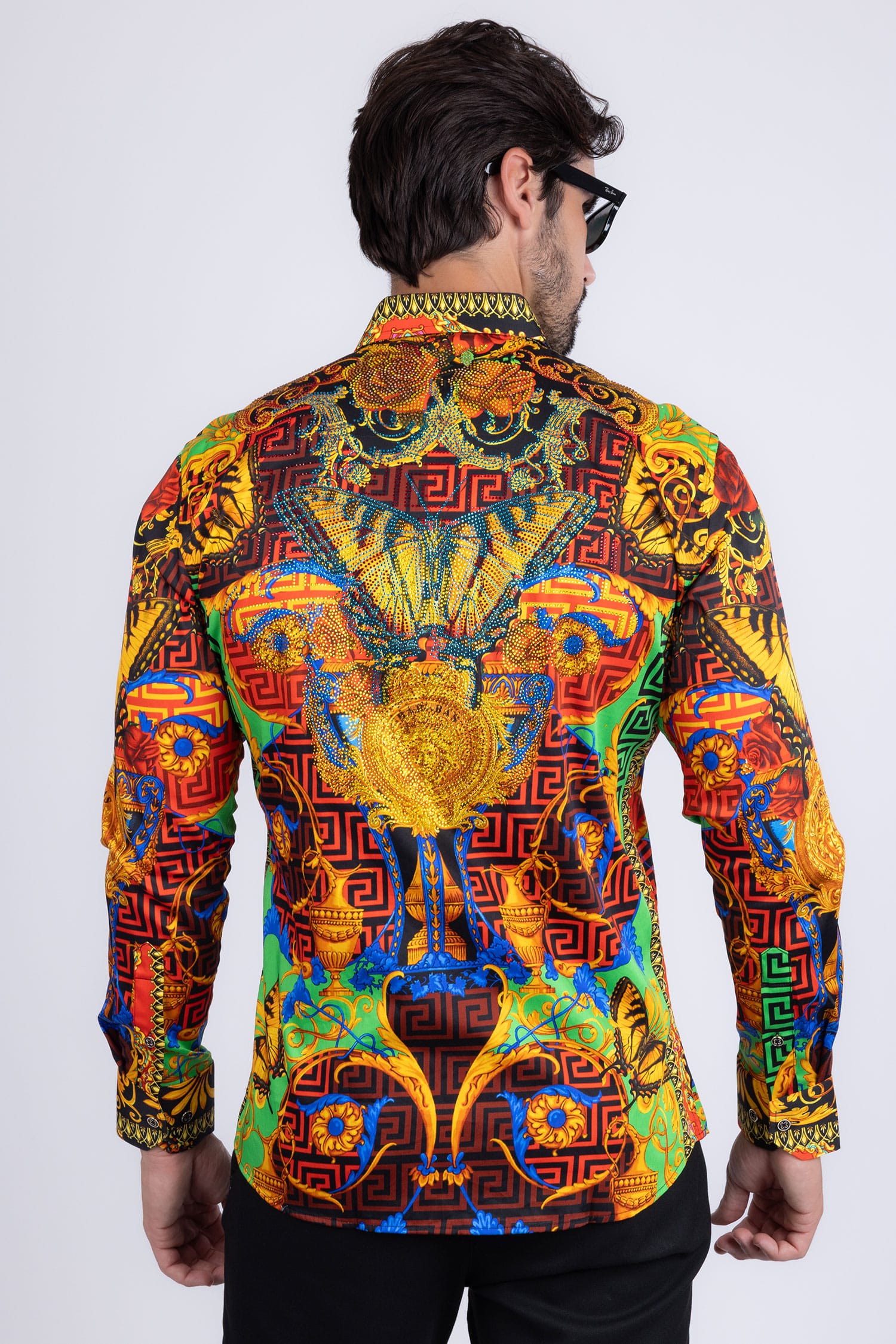 BARABAS Men's Rhinestone Medusa Floral Baroque Butterfly Shirt 2SPR223 Multi
