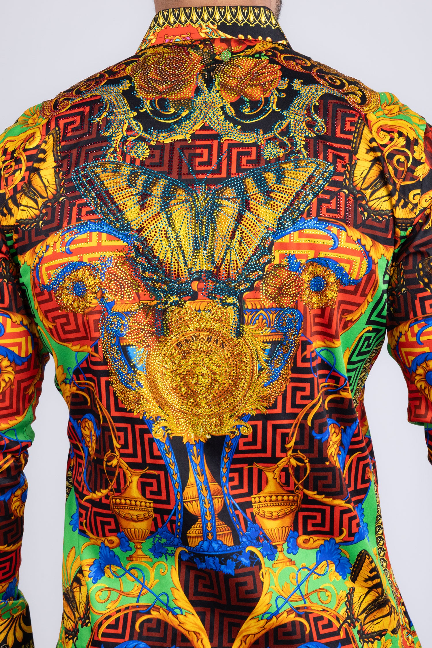 BARABAS Men's Rhinestone Medusa Floral Baroque Butterfly Shirt 2SPR223 Multi
