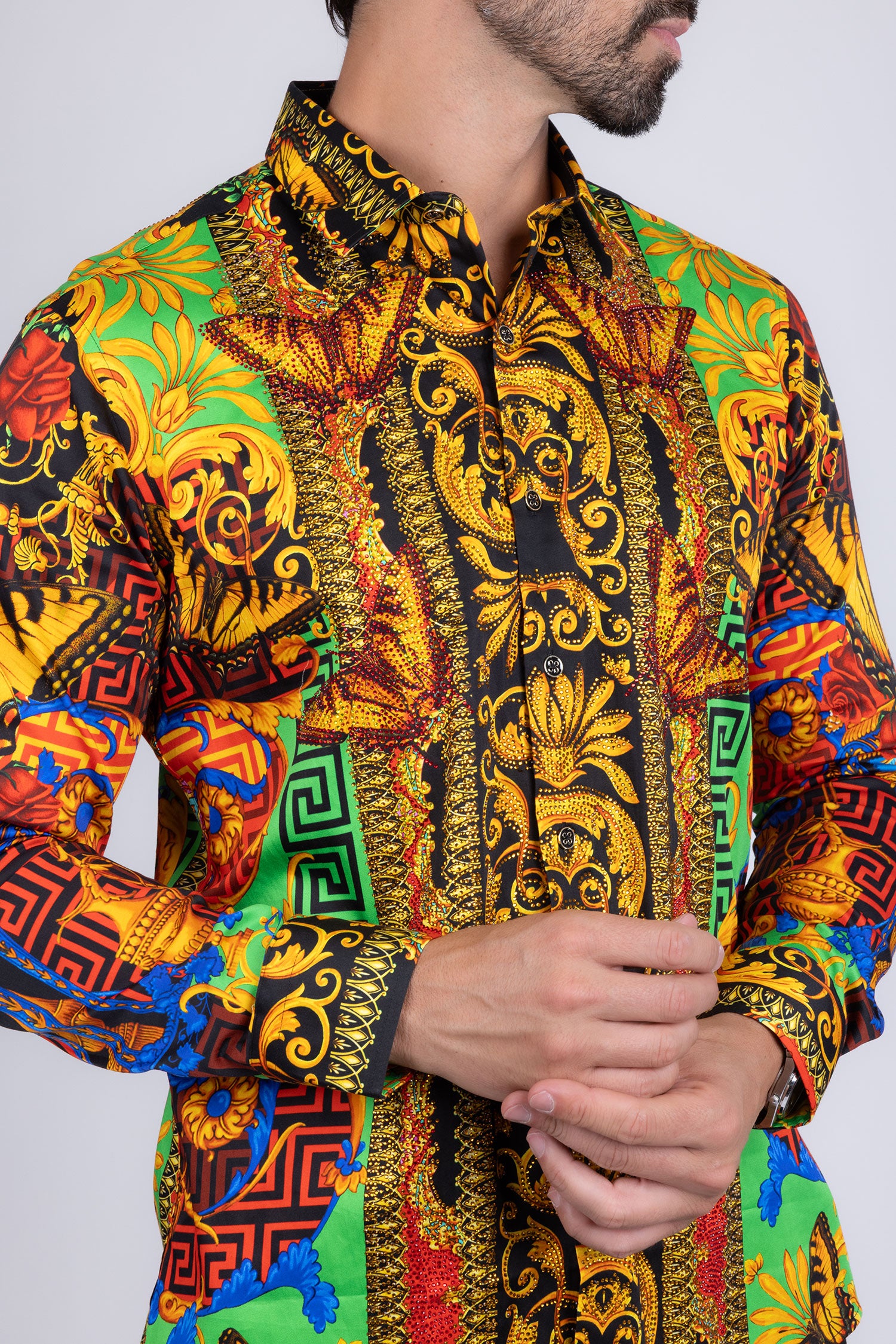 BARABAS Men's Rhinestone Medusa Floral Baroque Butterfly Shirt 2SPR223 Multi