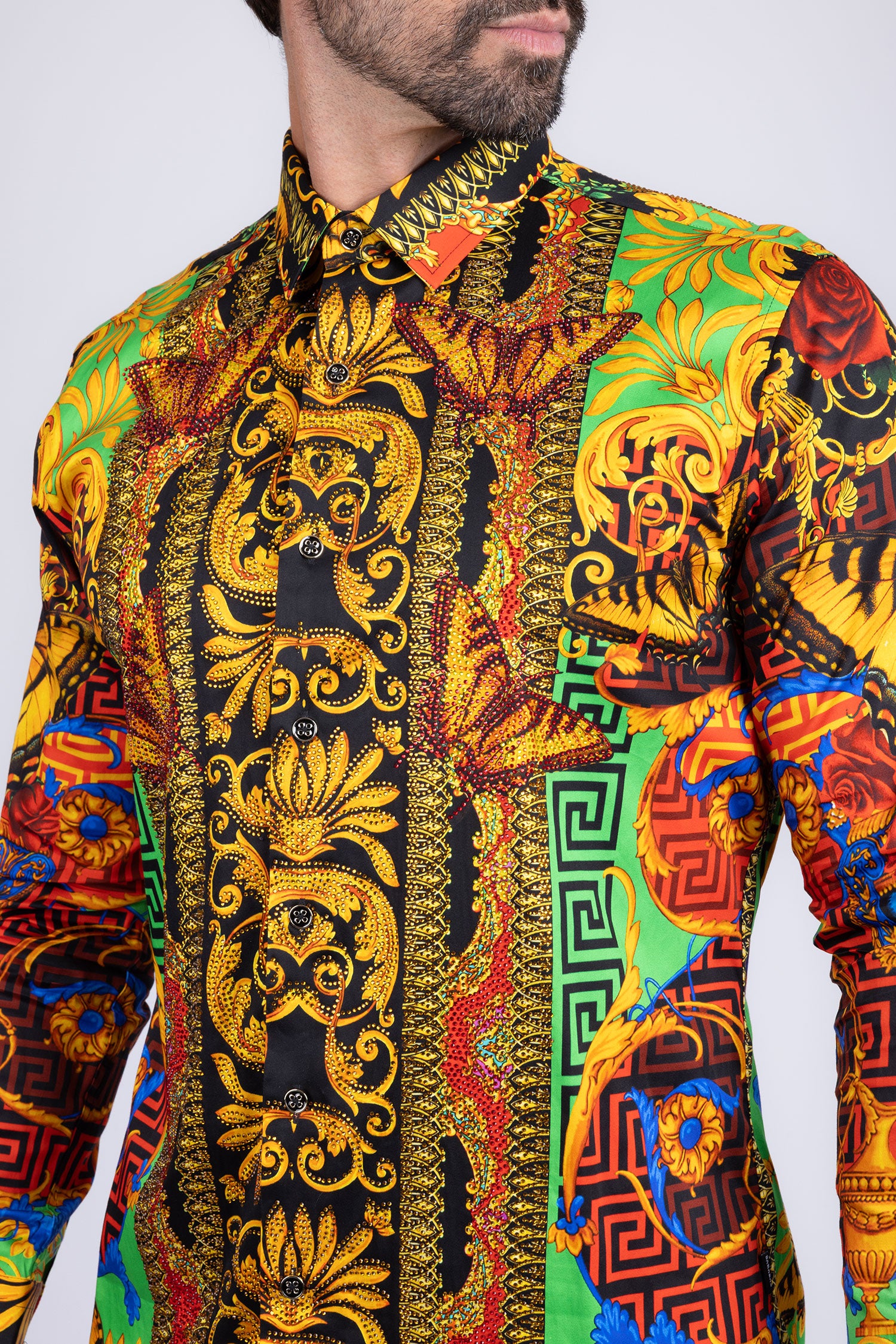 BARABAS Men's Rhinestone Medusa Floral Baroque Butterfly Shirt 2SPR223 Multi