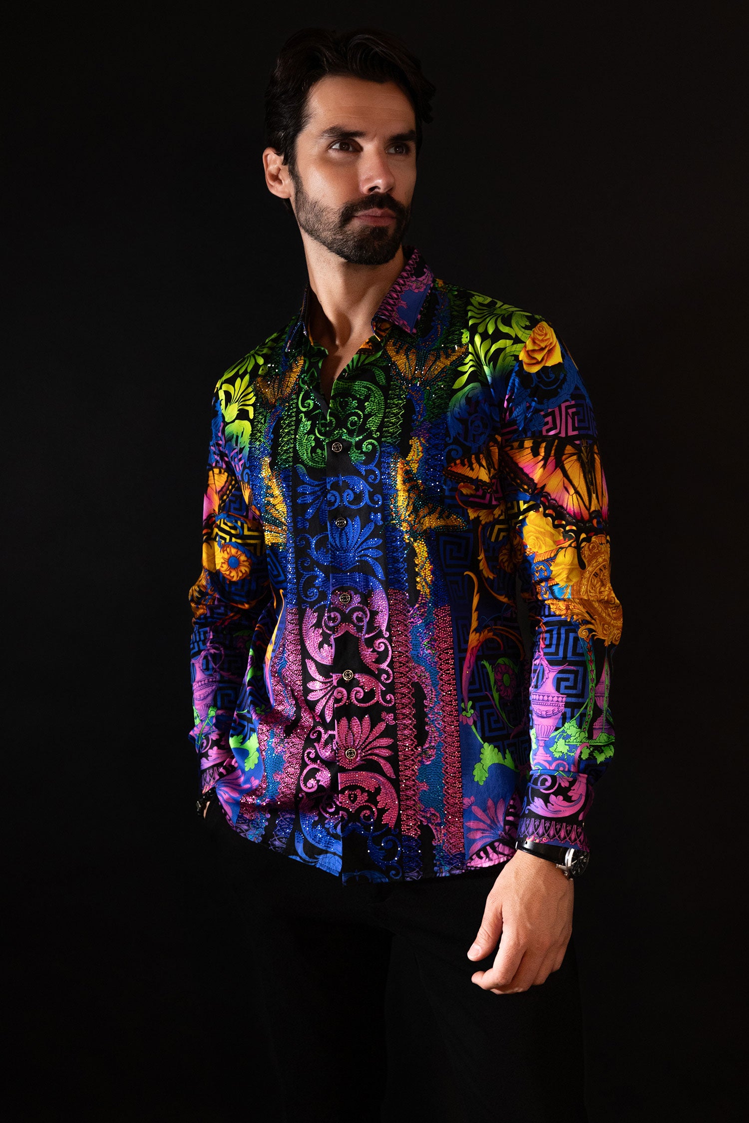 BARABAS Men's Rhinestone Medusa Floral Baroque Butterfly Shirt 2SPR223 Sorbet