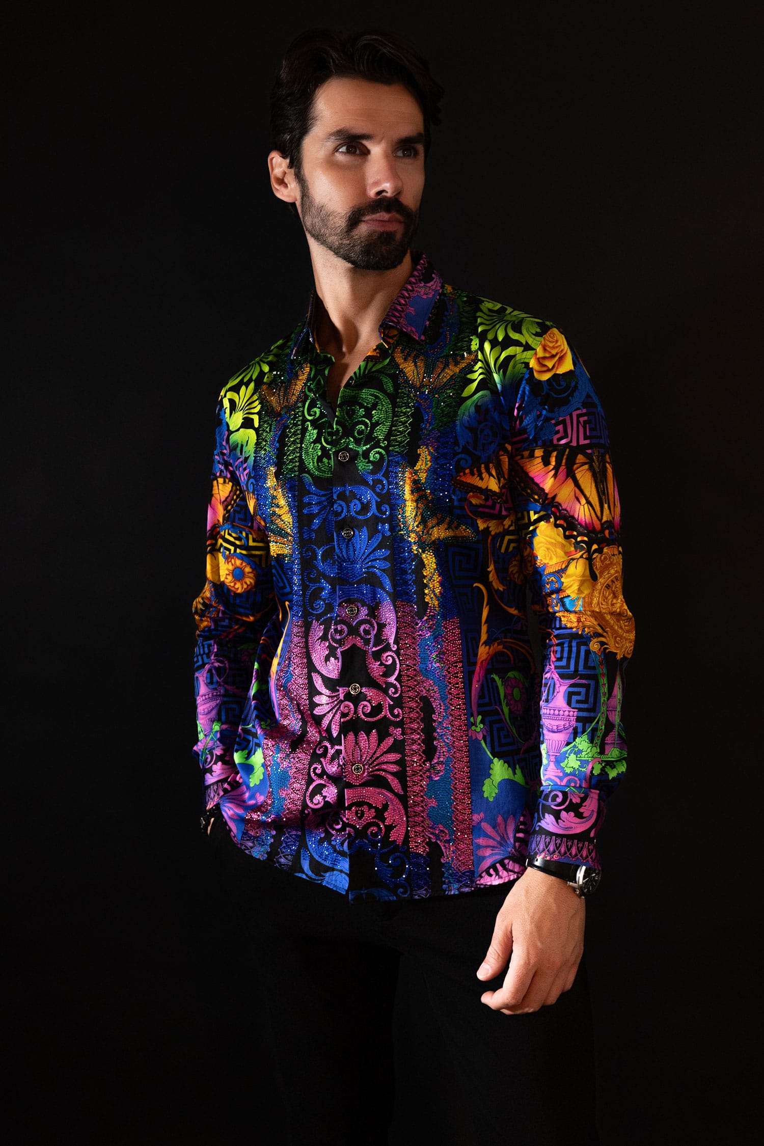 BARABAS Men's Rhinestone Medusa Floral Baroque Butterfly Shirt 2SPR223 Sorbet