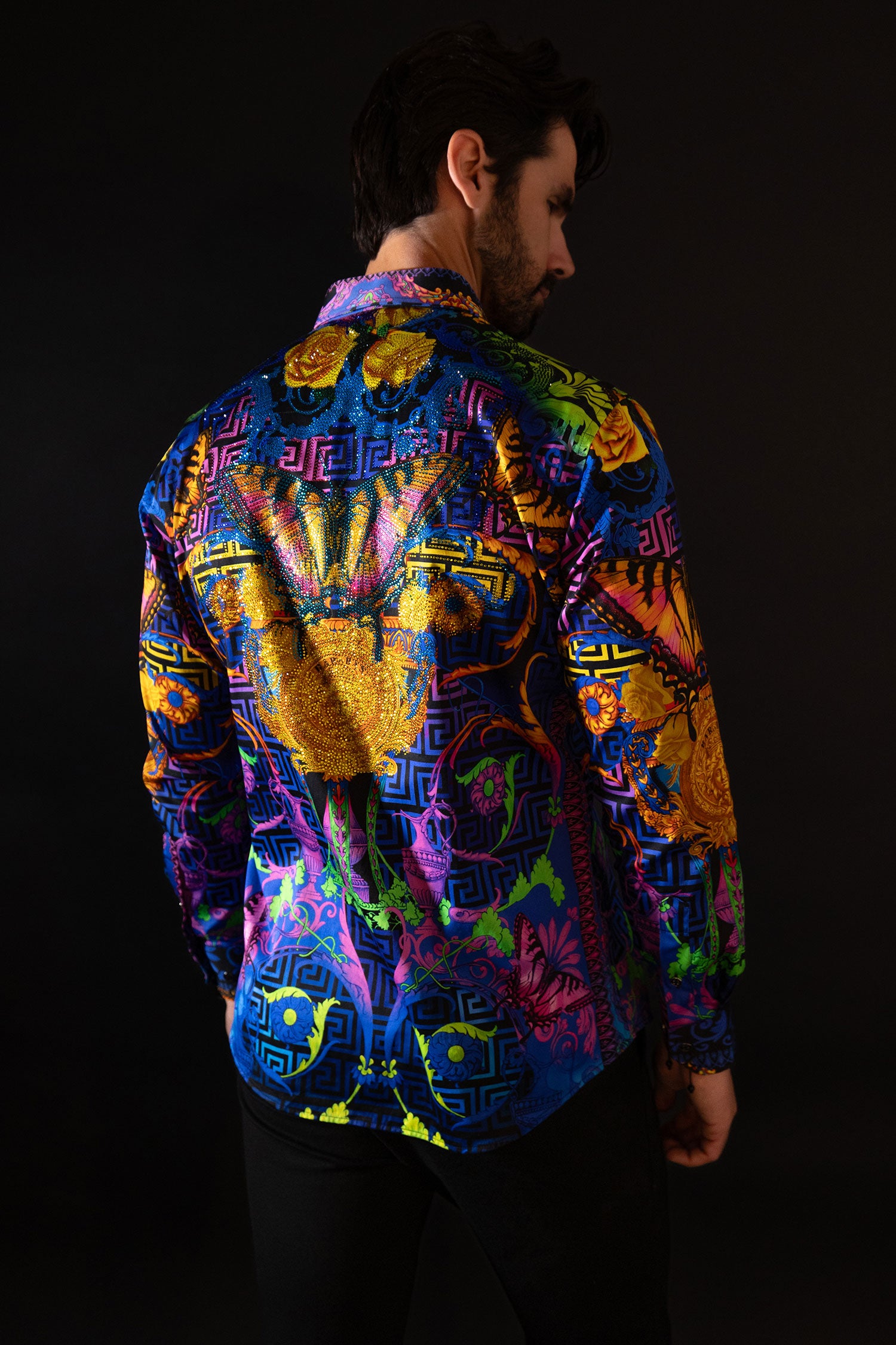 BARABAS Men's Rhinestone Medusa Floral Baroque Butterfly Shirt 2SPR223 Multi