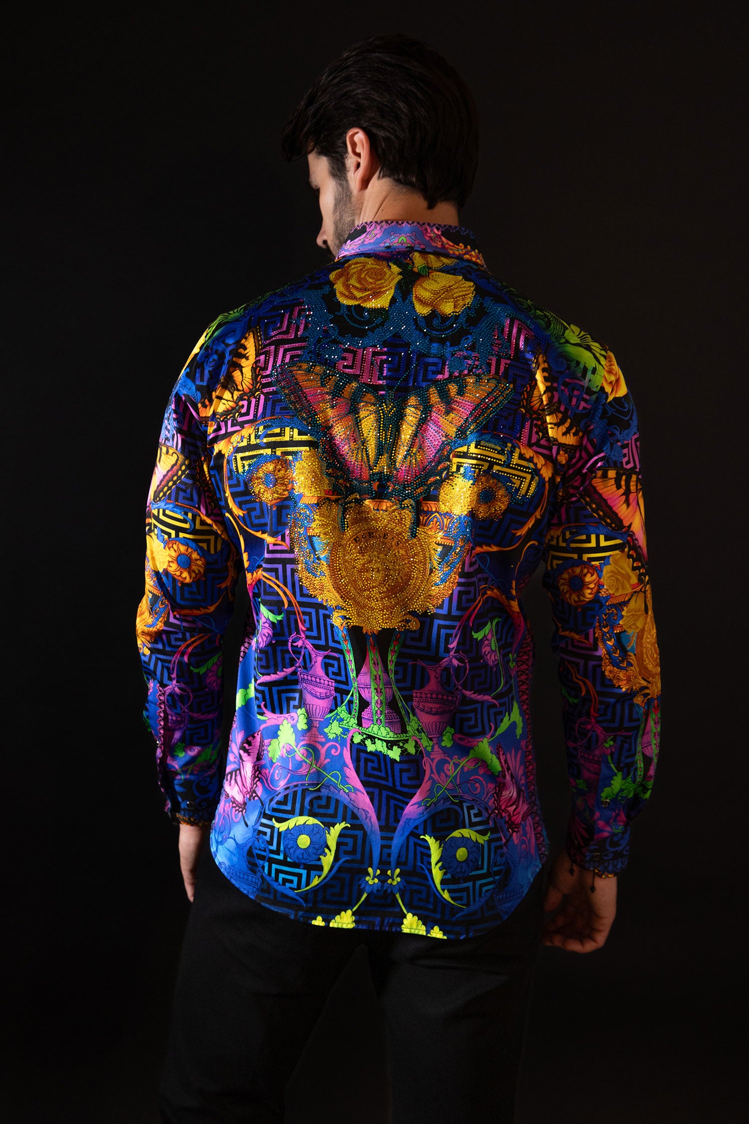 BARABAS Men's Rhinestone Medusa Floral Baroque Butterfly Shirt 2SPR223 Blue