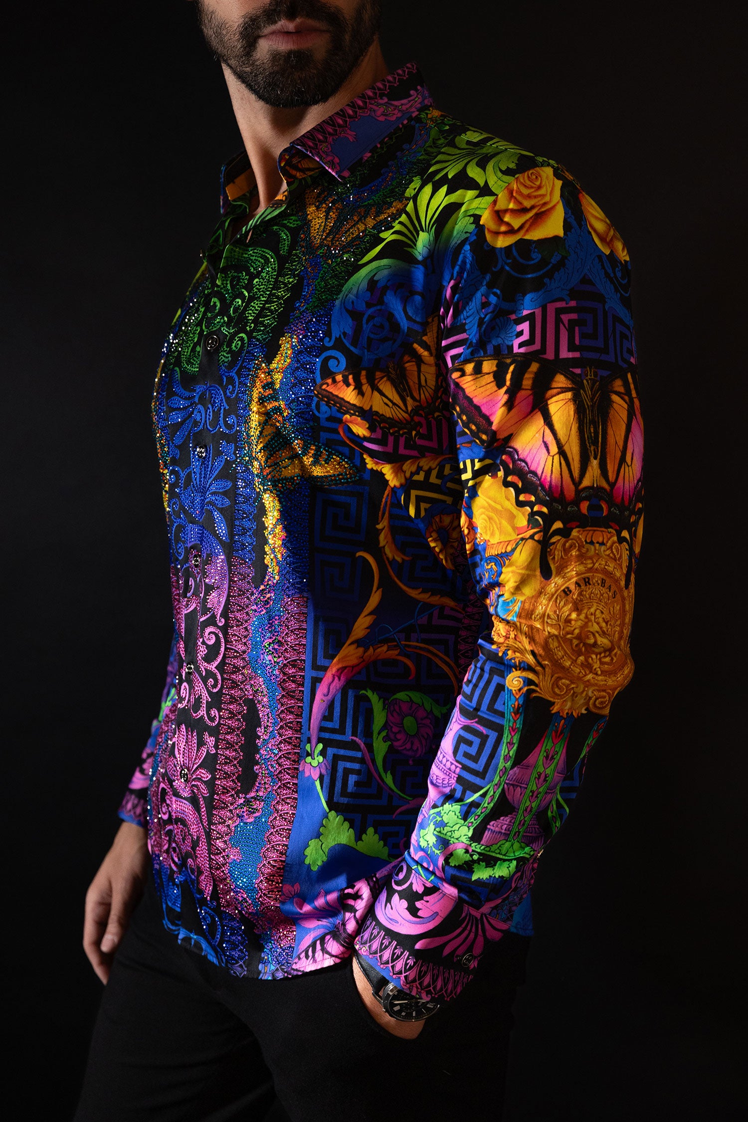 BARABAS Men's Rhinestone Medusa Floral Baroque Butterfly Shirt 2SPR223 Blue