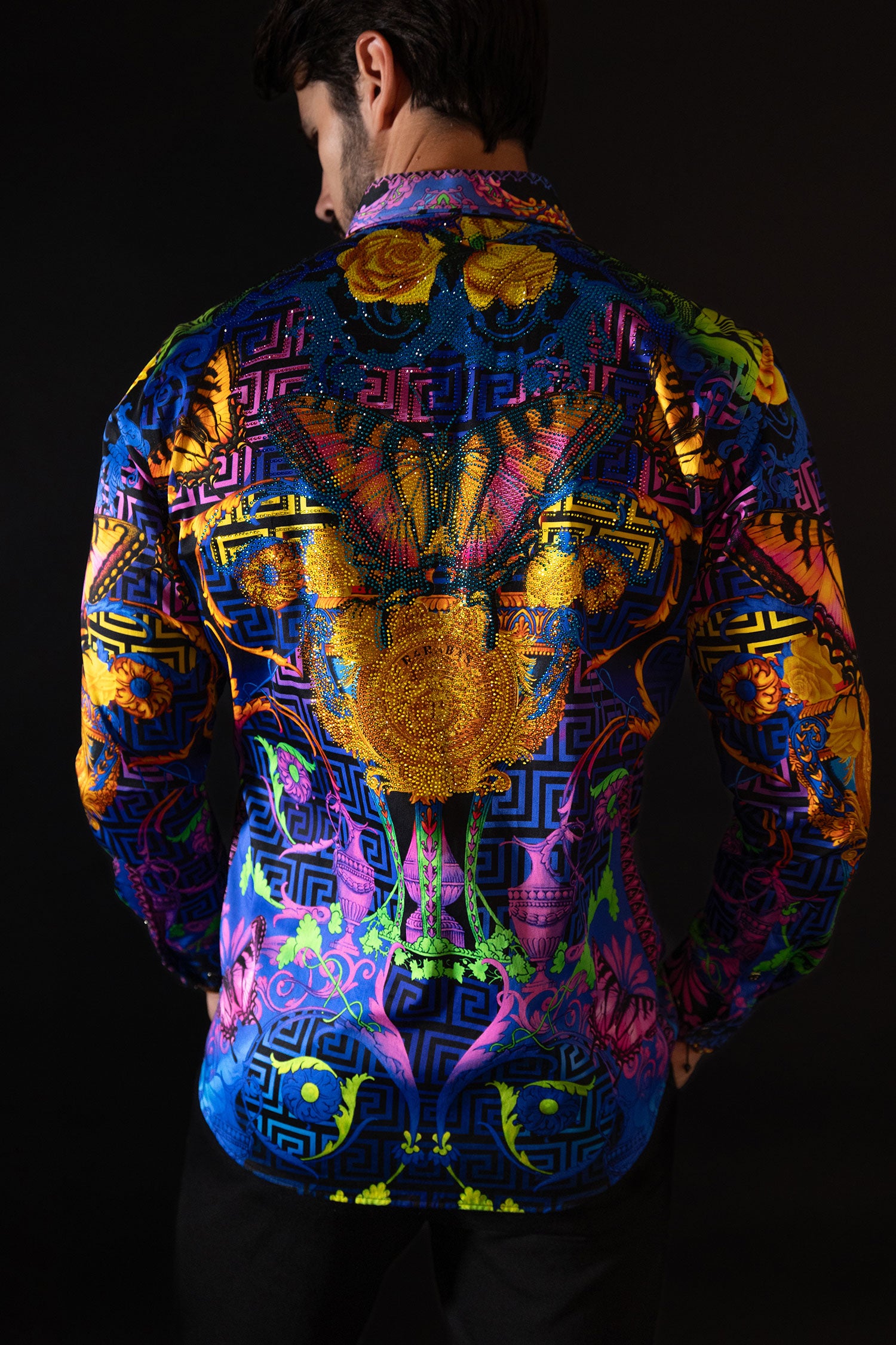 BARABAS Men's Rhinestone Medusa Floral Baroque Butterfly Shirt 2SPR223 Multi