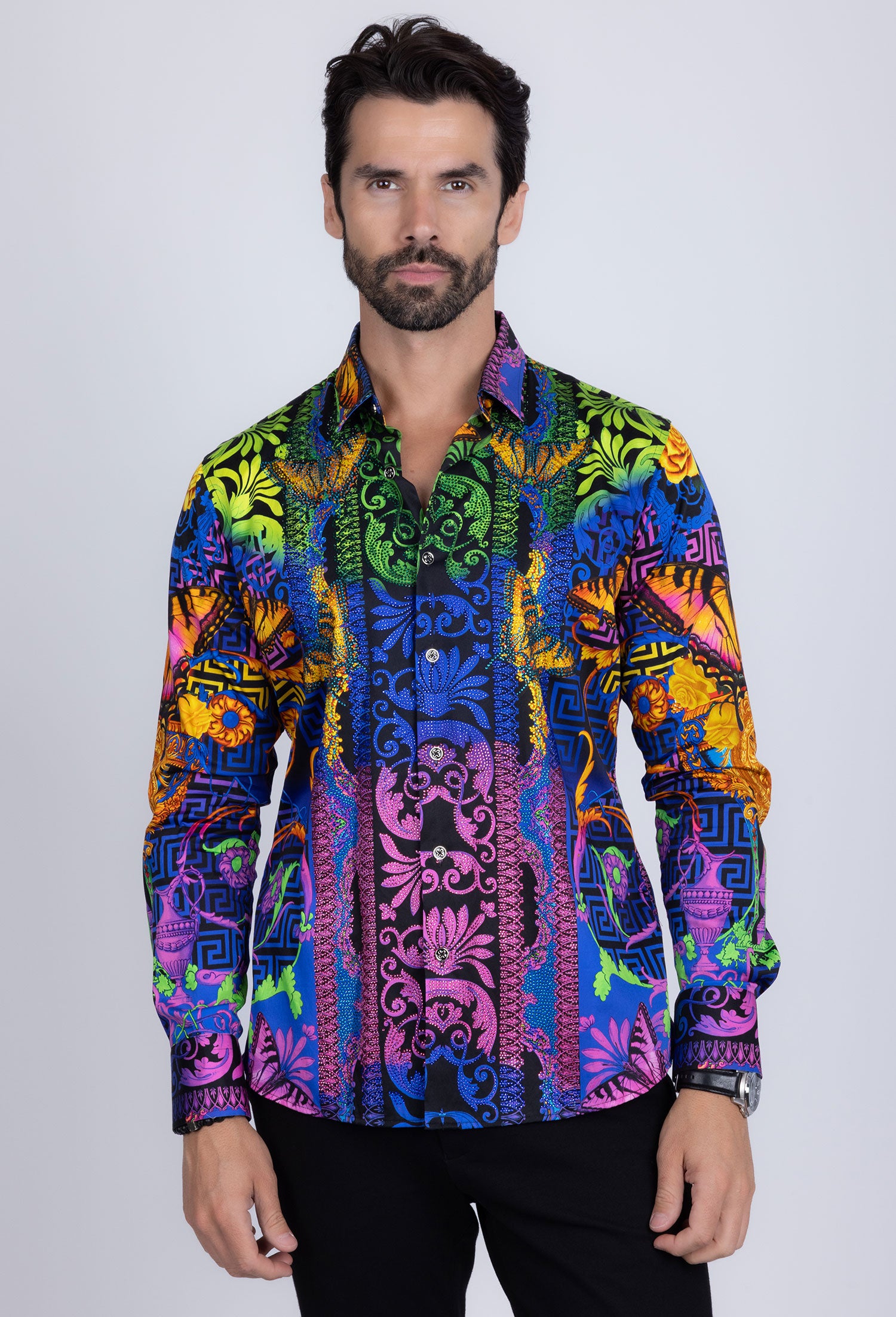 BARABAS Men's Rhinestone Medusa Floral Baroque Butterfly Shirt 2SPR223 Sorbet