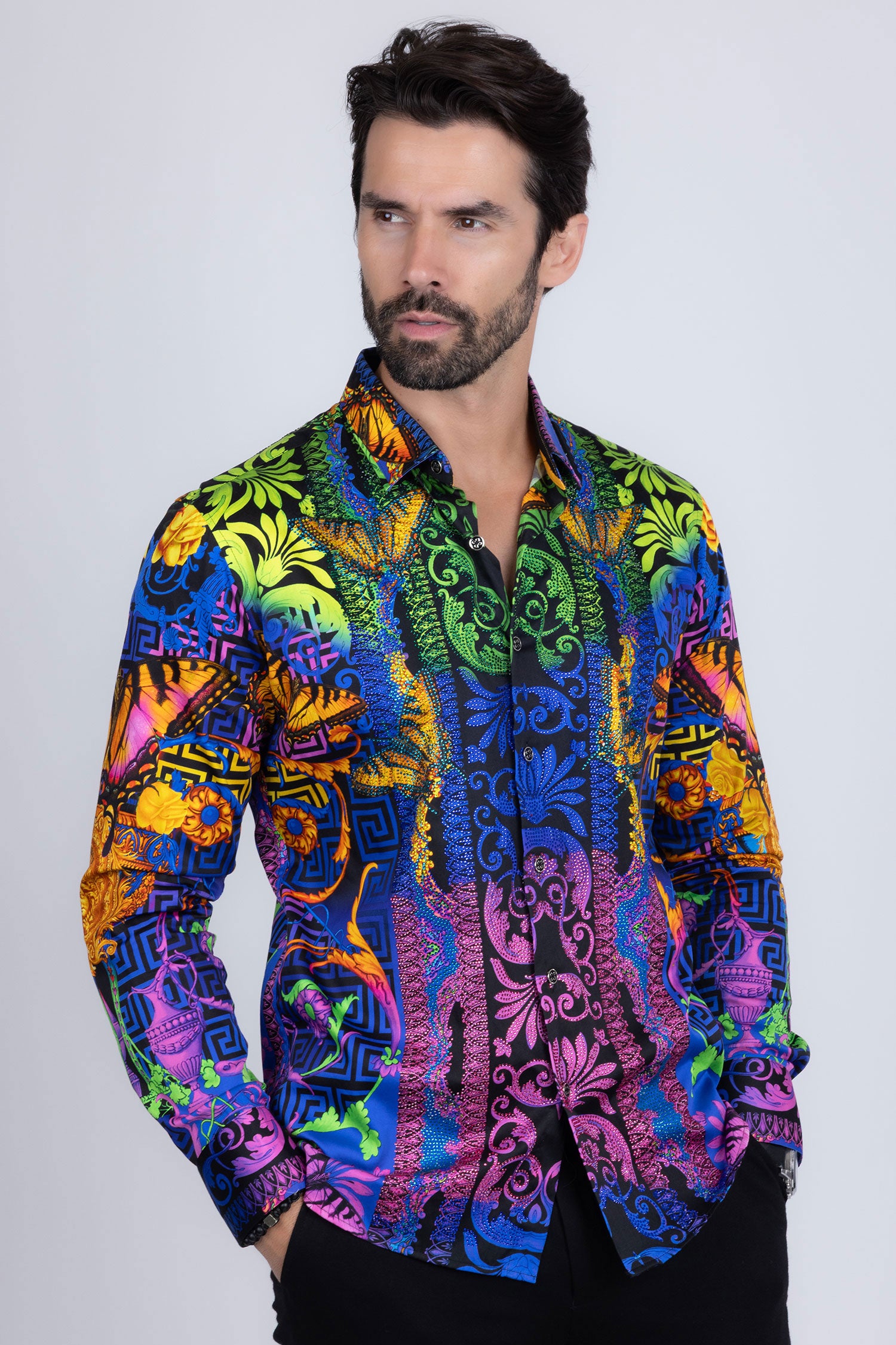 BARABAS Men's Rhinestone Medusa Floral Baroque Butterfly Shirt 2SPR223 Blue