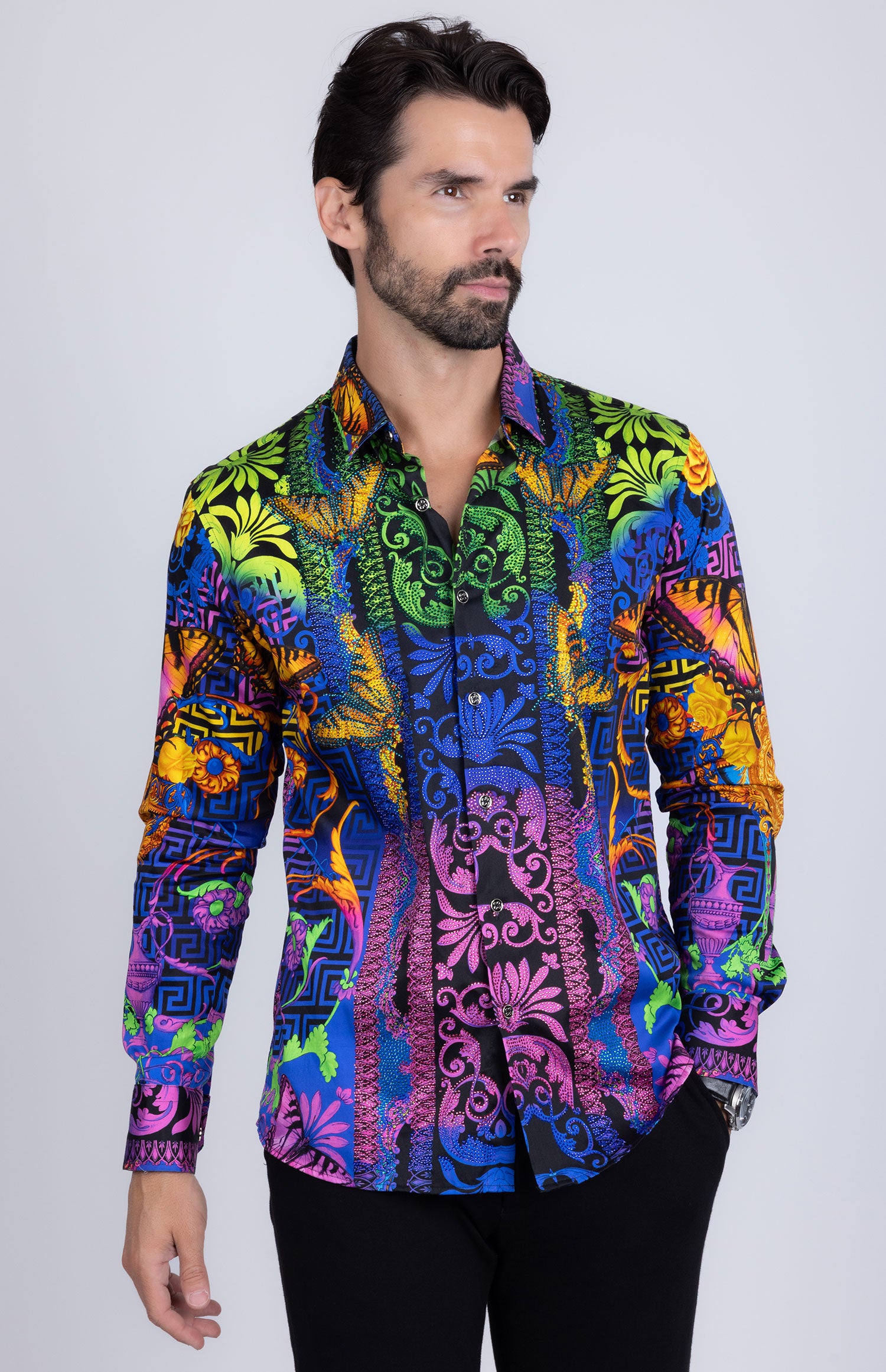 BARABAS Men's Rhinestone Medusa Floral Baroque Butterfly Shirt 2SPR223 Blue