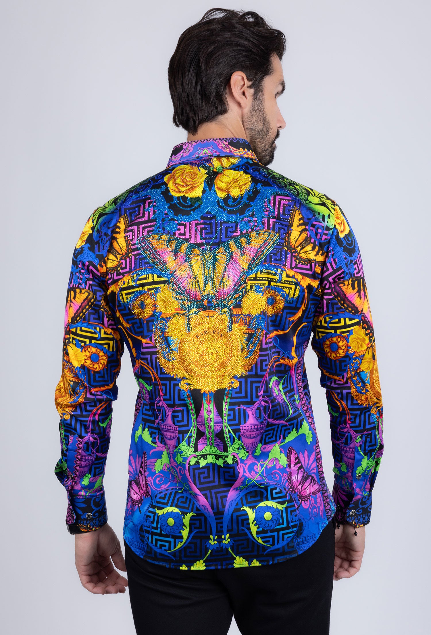 BARABAS Men's Rhinestone Medusa Floral Baroque Butterfly Shirt 2SPR223 Blue