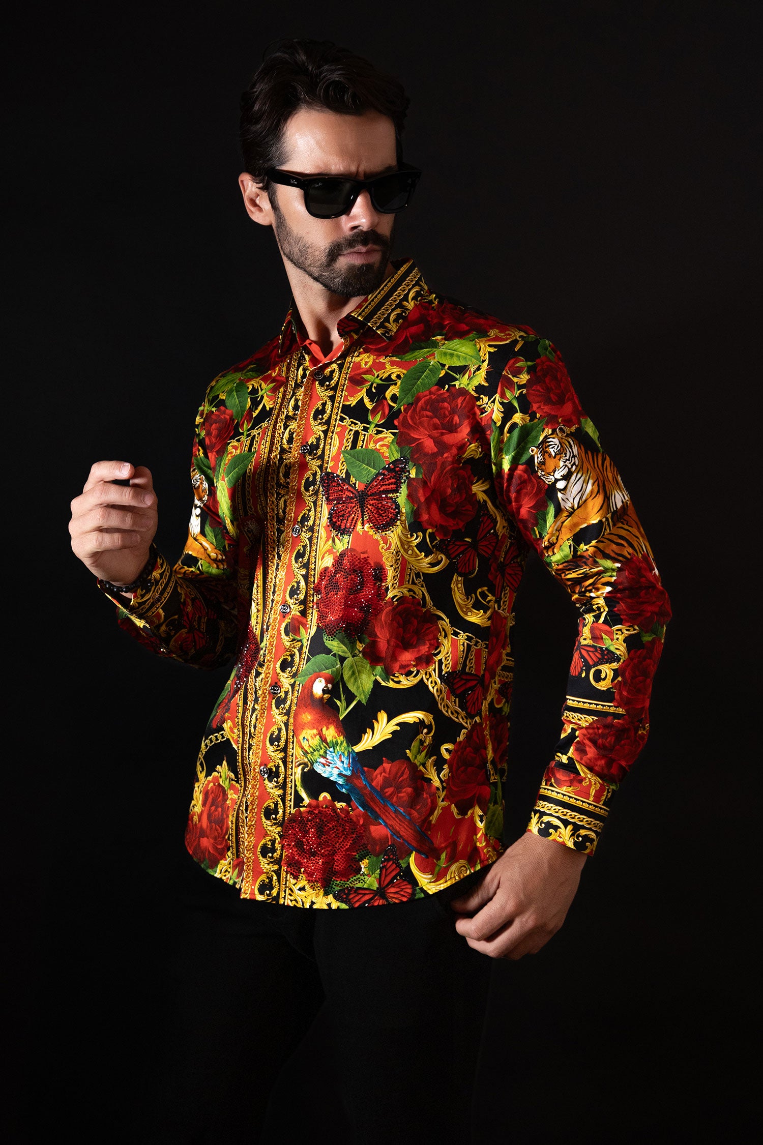 BARABAS Men's Rhinestone Tiger Floral Butterfly Luxury Shirt 2SPR224 Multi