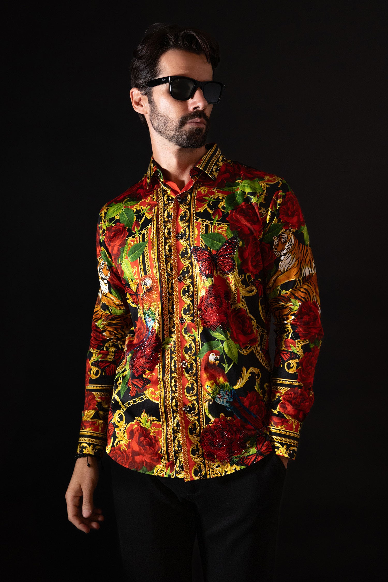 BARABAS Men's Rhinestone Tiger Floral Butterfly Luxury Shirt 2SPR224 Multi