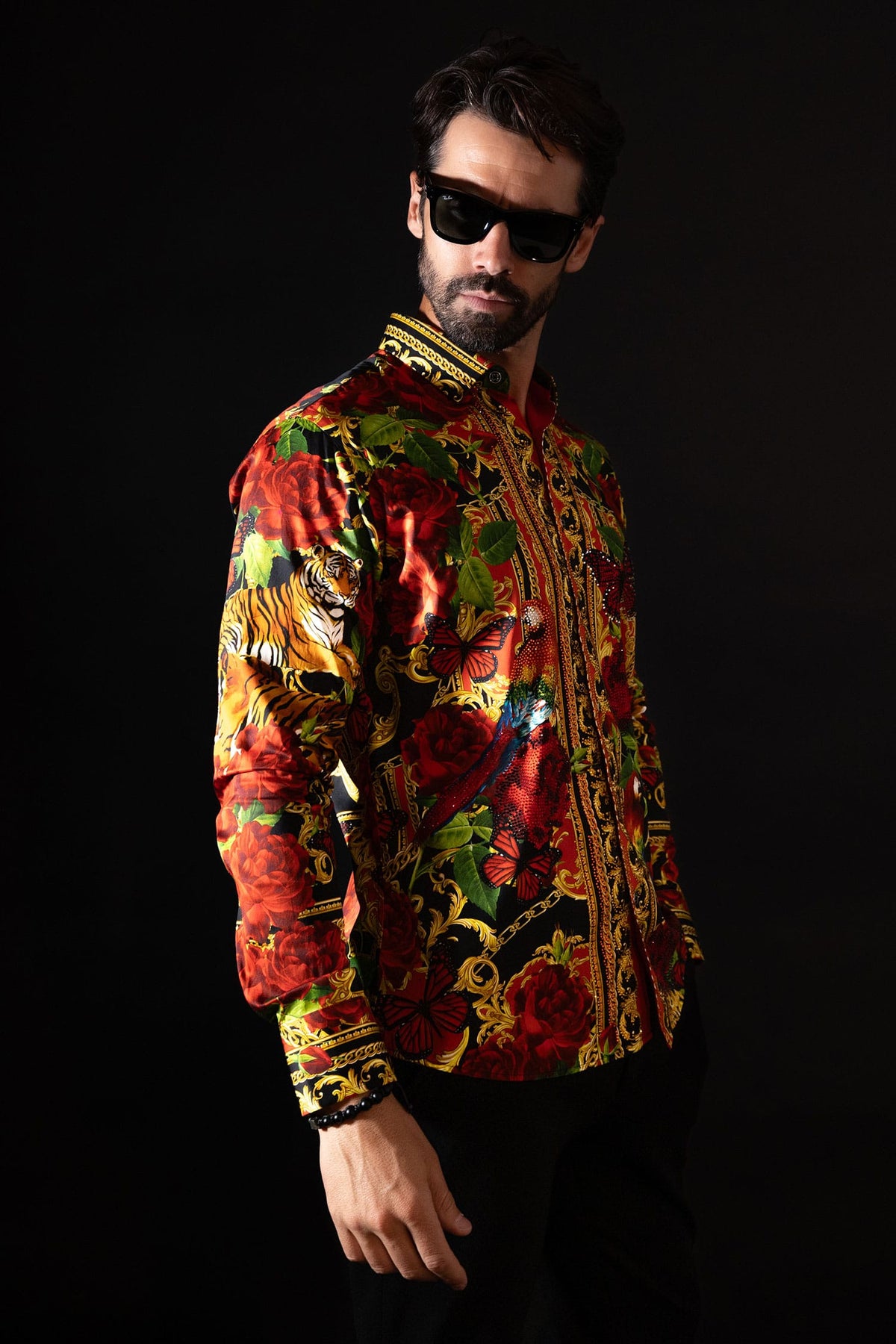 BARABAS Men's Rhinestone Tiger Floral Butterfly Luxury Shirt 2SPR224 Multi