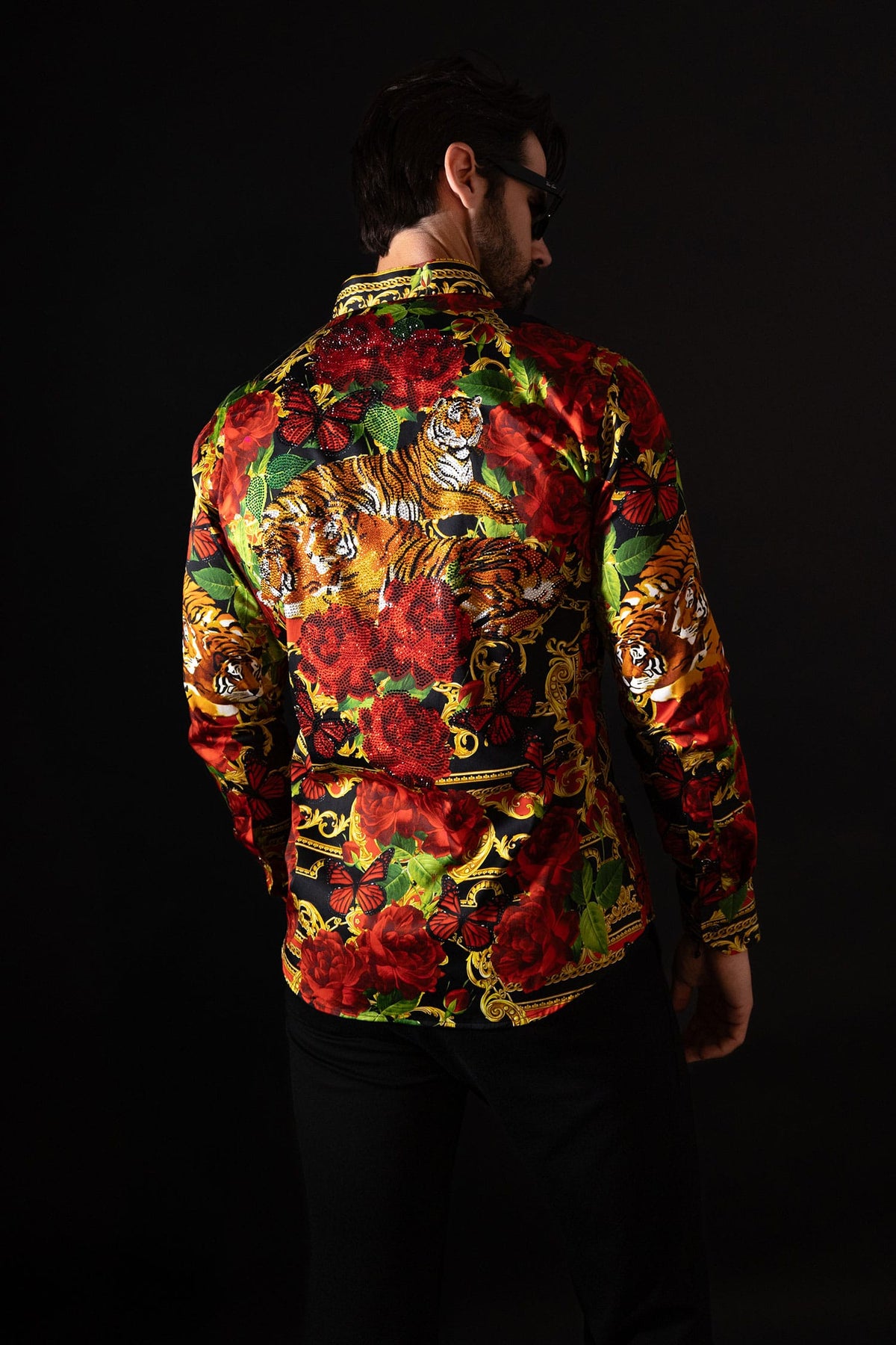 BARABAS Men's Rhinestone Tiger Floral Butterfly Luxury Shirt 2SPR224 Multi
