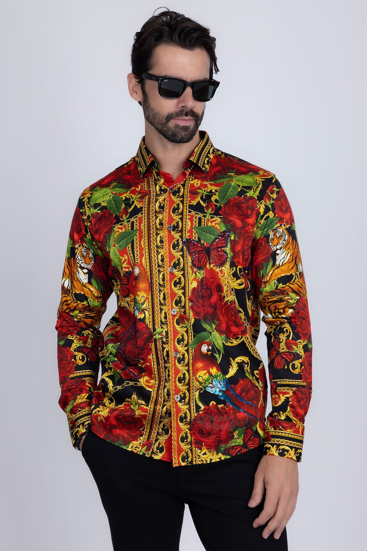 BARABAS Men's Rhinestone Tiger Floral Butterfly Luxury Shirt 2SPR224 Multi