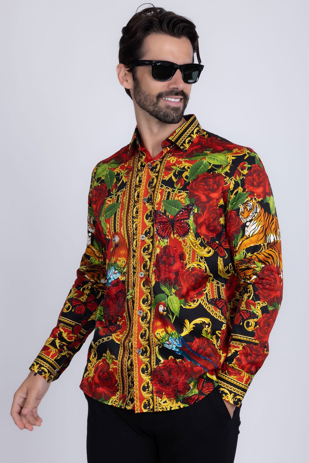 BARABAS Men's Rhinestone Tiger Floral Butterfly Luxury Shirt 2SPR224 Multi